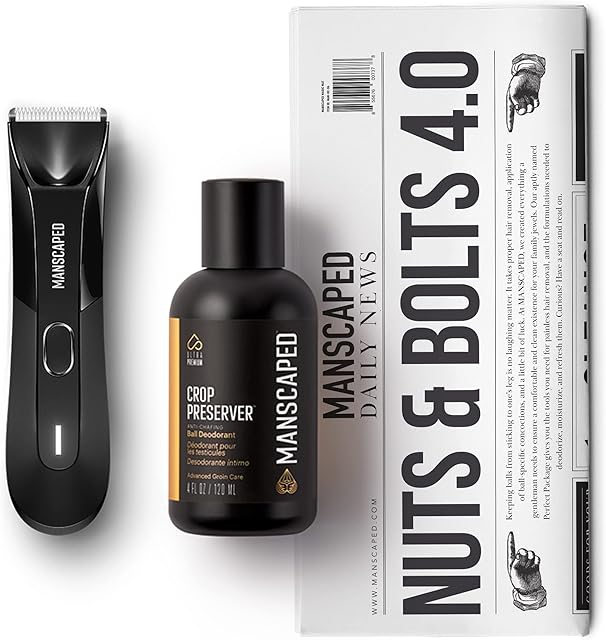 MANSCAPED Nuts and Bolts 4.0, Men's Grooming Kit, Includes The Lawn Mower 4.0 Ergonomically Designed Powerful Waterproof Trimmer, The Crop Preserver Ball Deodorant and Disposable Shaving Mats