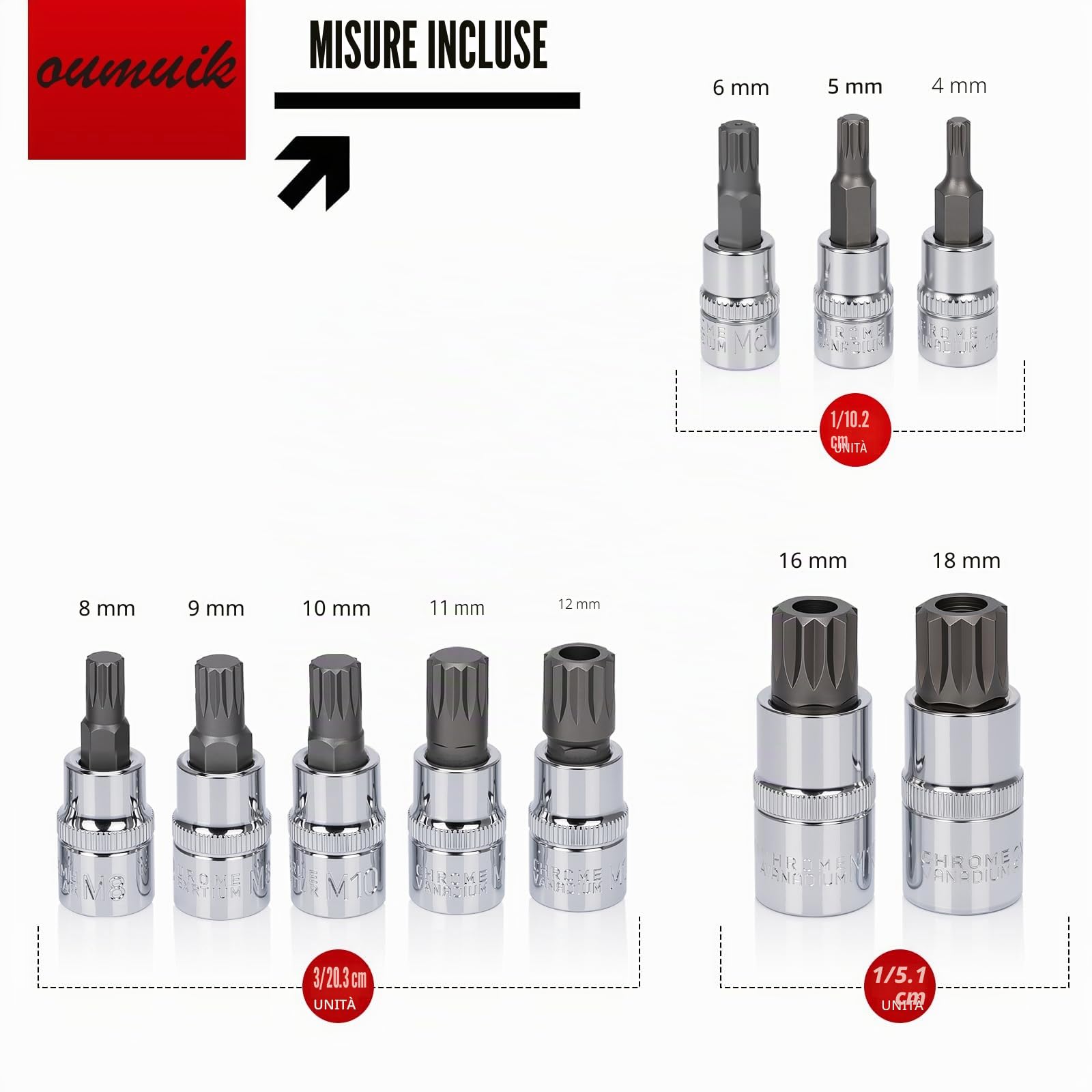 Set di 10 bussole scanalate M4 - M18 Torx Bit Set - Set di chiavi a bussola triple quadrate con custodia