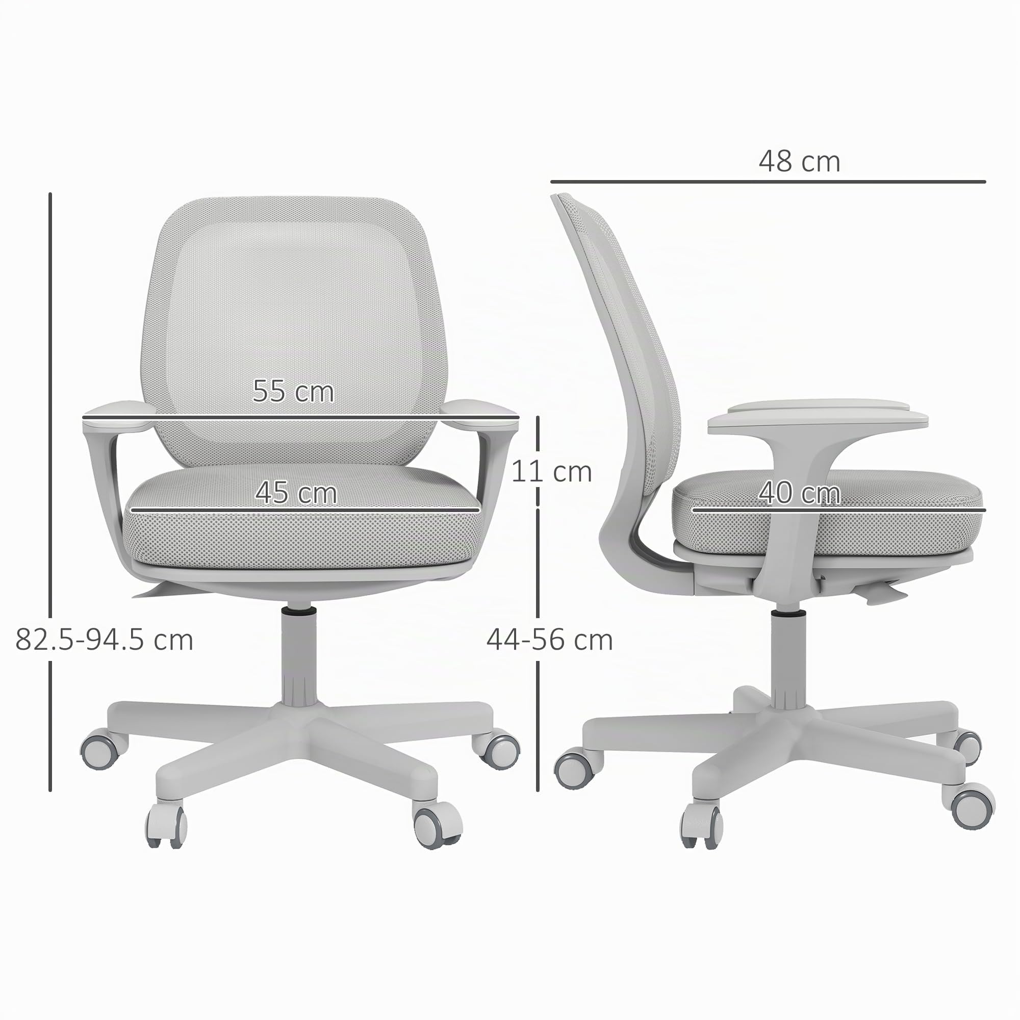 Vinsetto Sedia Ufficio Ergonomica ad Altezza Regolabile Grigio | Schienale Traspirante, Sedia da Scrivania, Tessuto a Rete, Cameretta, 55x48x82.5-94.5 cm