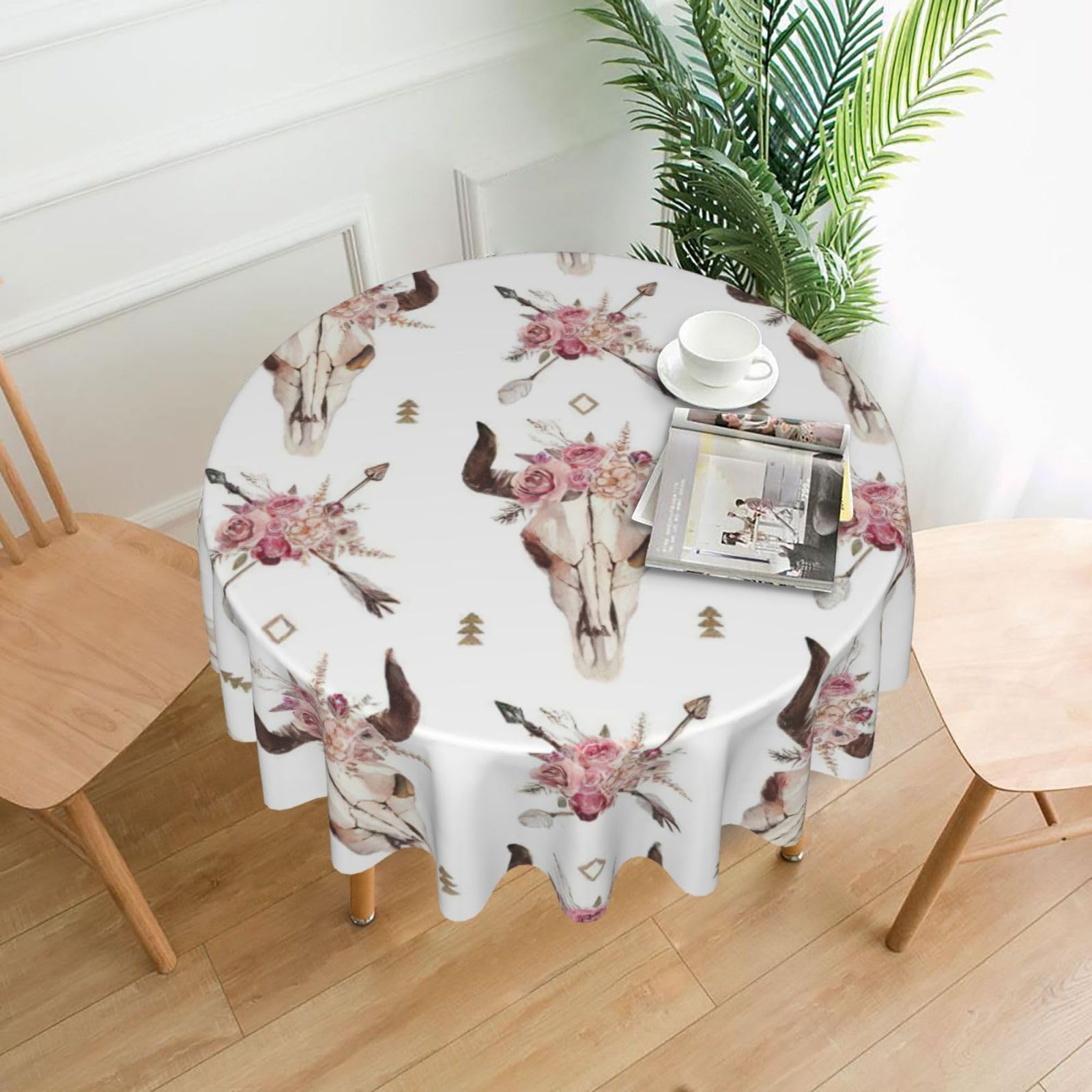 Uusnwaa Tribal Bull Skull On White Print Round Tablecloth 60 Inch, Stain Wrinkle Resistant Washable Polyester Table Cover For Kitchen Party