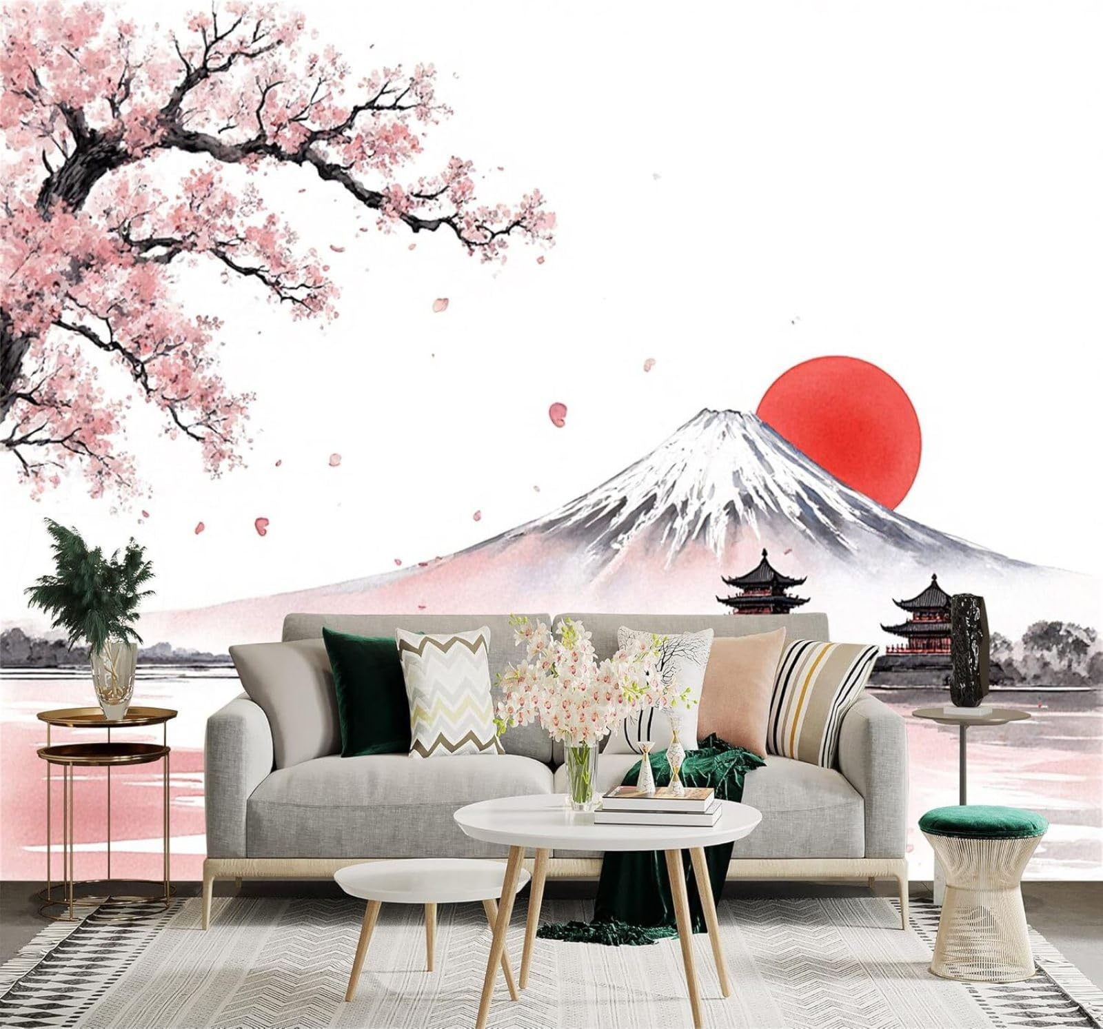XLMING Cherry Blossoms Mountain Peaks Architecture Lakeside Setting Sun 3D Wallpaper Premium Textured Silk Study Dining Living Room Bedroom Sofa TV Wall Easy Install-250cm×170cm