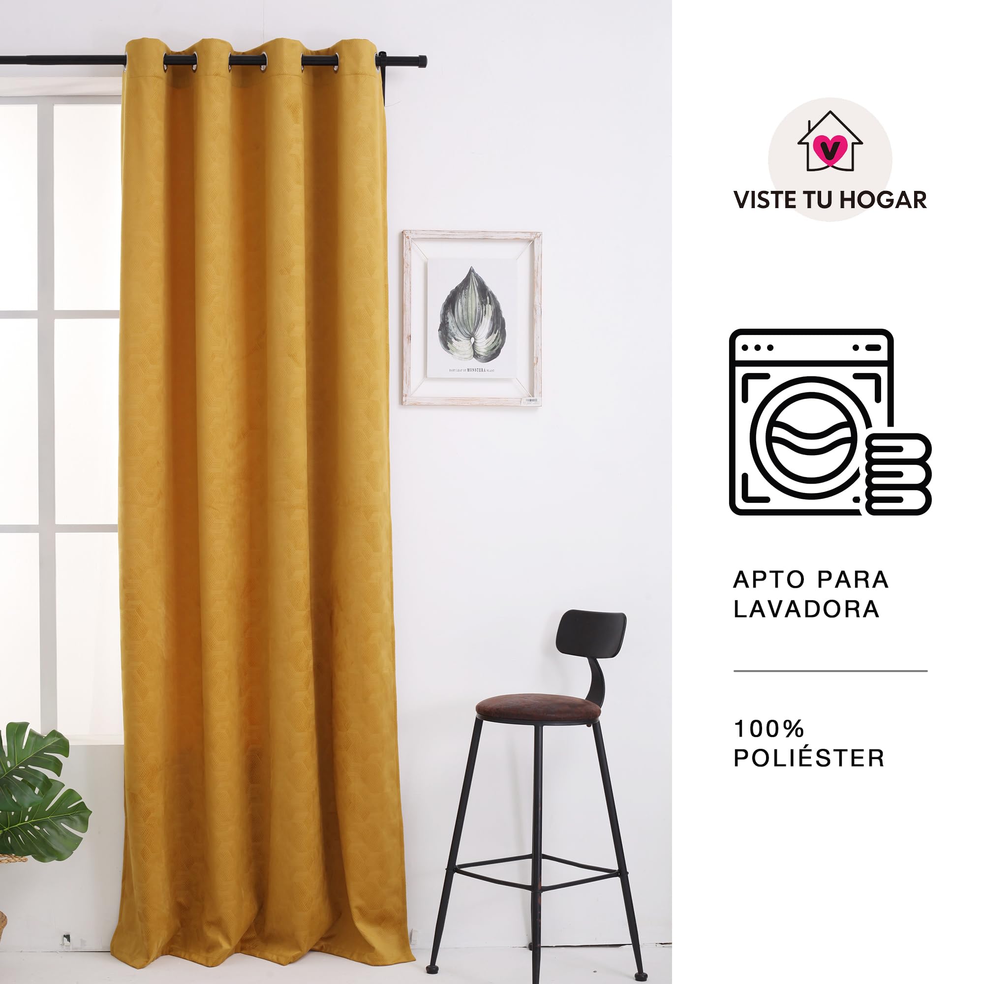 Viste tu hogar Pack 2 Cortinas de Terciopelo Holandés con Patrón de Cuadros, 150x260 cm, Opacas, Suaves y Elegantes, Fácil Mantenimiento, Salón, Dormitorio y Oficina, Mostaza
