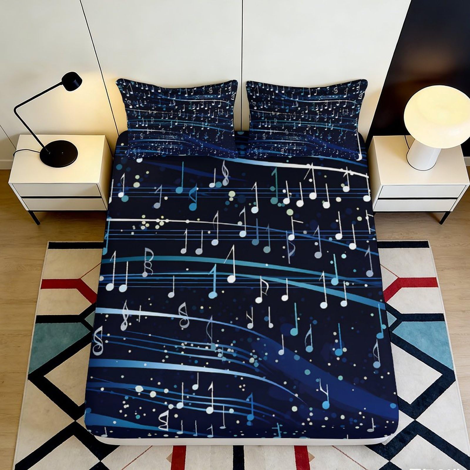3D Printed Musical Notes Fitted Sheet Microfiber Soft Dark Blue Melody Bed Cover for Bedroom Guest Room Decor 90x200x25cm