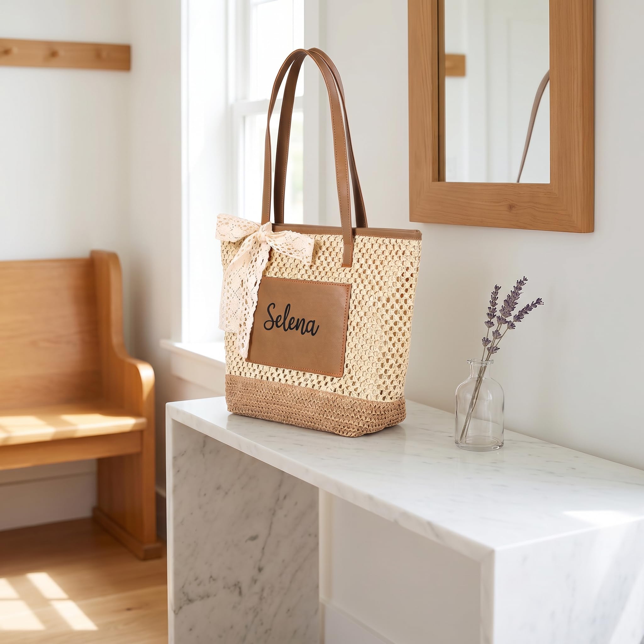 Sac de Plage Personnalisé Femme Sac Cabas Paille avec Prénom Grand Sac Tote d’Été Porté Épaule pour Plage Voyage Shopping