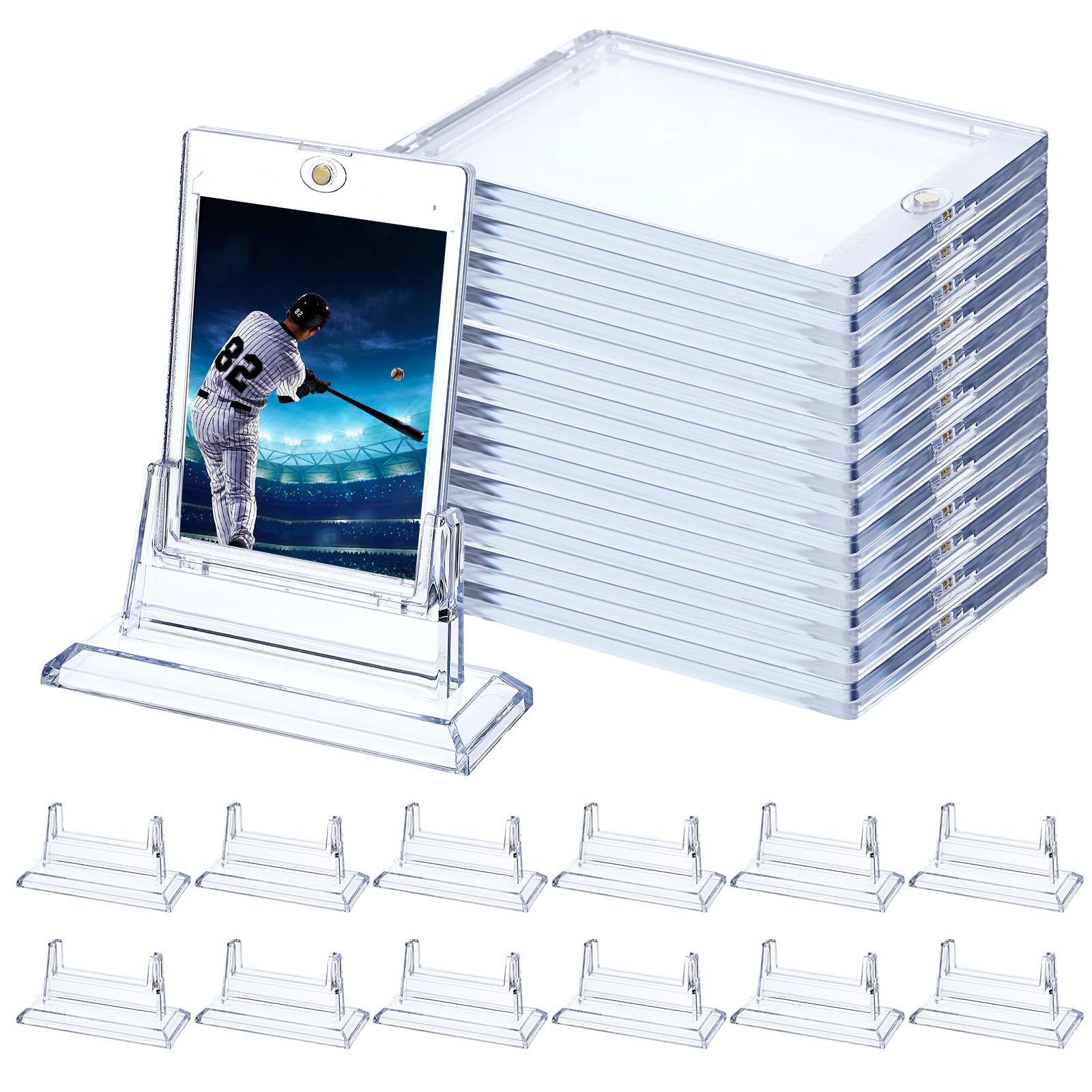 Photo 1 of 12Pcs Magnetic Card Holders for Trading Card, Baseball Card Protectors with 12 Stands, 35pt Acrylic Hard Card Sleeves Case for Sports Cards, Game Cards,Standard Cards Storage and Display