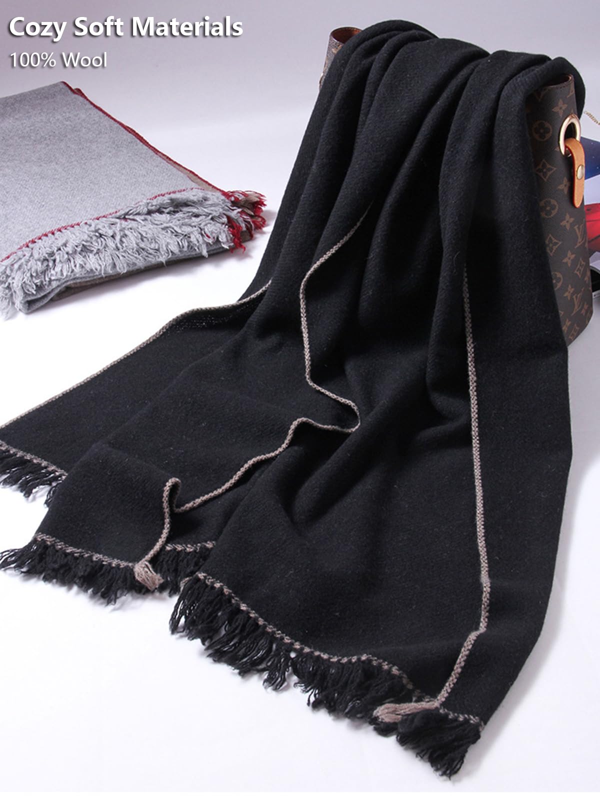 Donna Sciarpa Scialle Caldo di Lana con Nappa, Moda Lungo Grande Sciarpe Stole Sciarpa Coperta, 100% Lana Invernale Sciarpe Scialli per Sera Matrimonio Viaggi, Autunno Inverno Regalo Black F