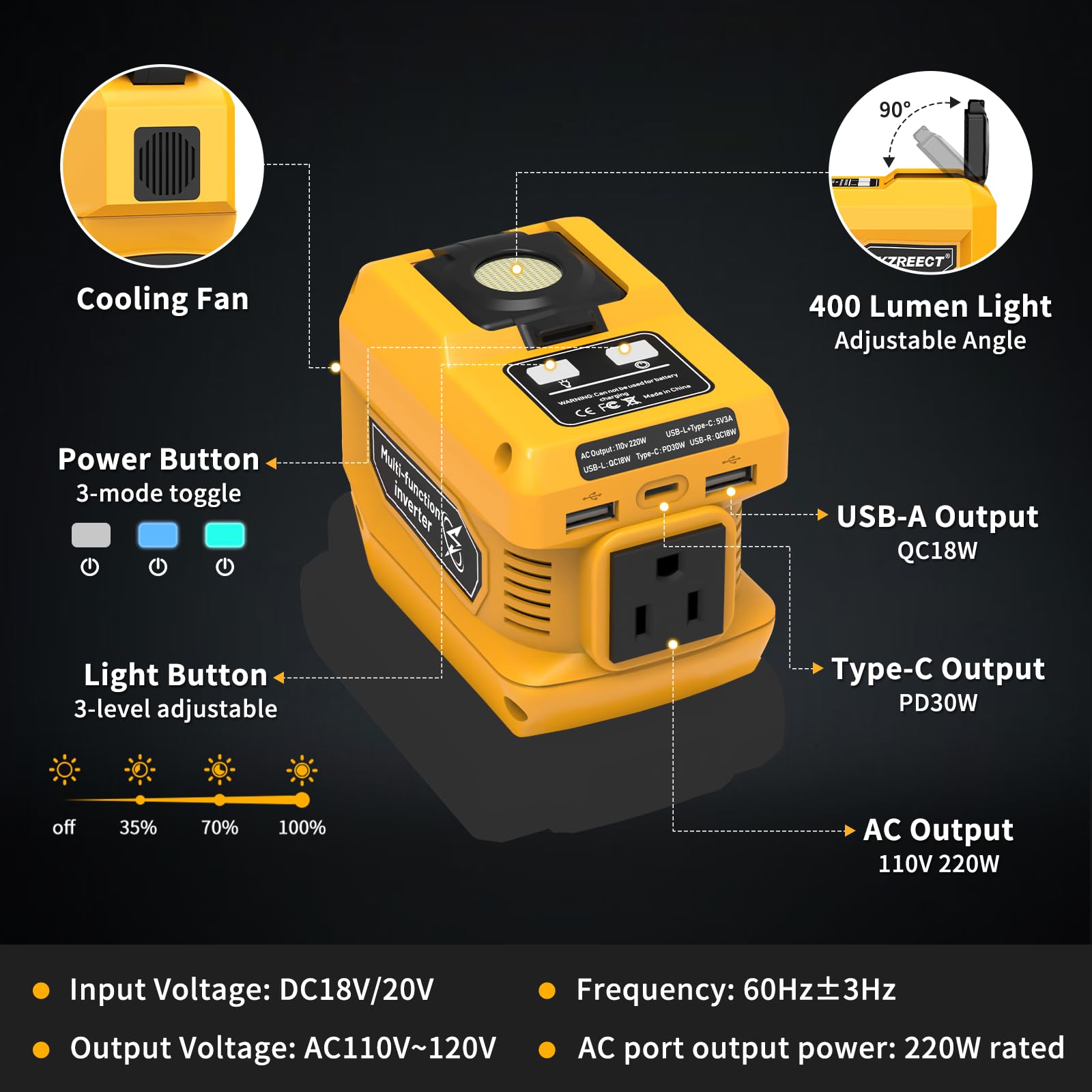 Kzreect 220W Power Inverter Compatible with Dewalt 18V/20V Battery Inverter DC 18V to AC 110V Portable Power Station Generator with 2 USB-A & 1 Type-C & 1 AC Outlet, 400 Lumen (Battery Not Included)