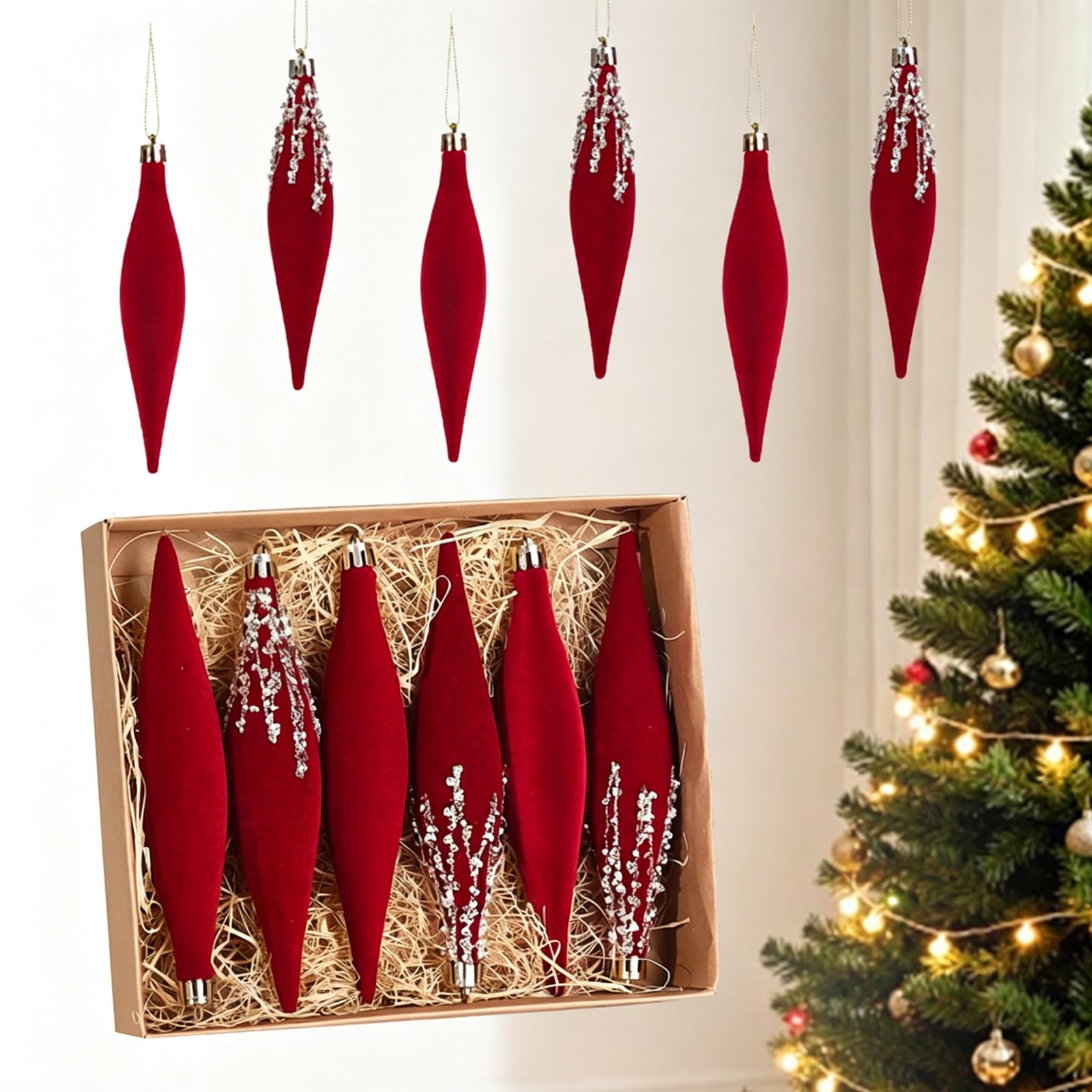 6Pcs Burgundy Velvet Christmas Baubles 16cm / 6.3 Inches, Red & Silver โ image 1