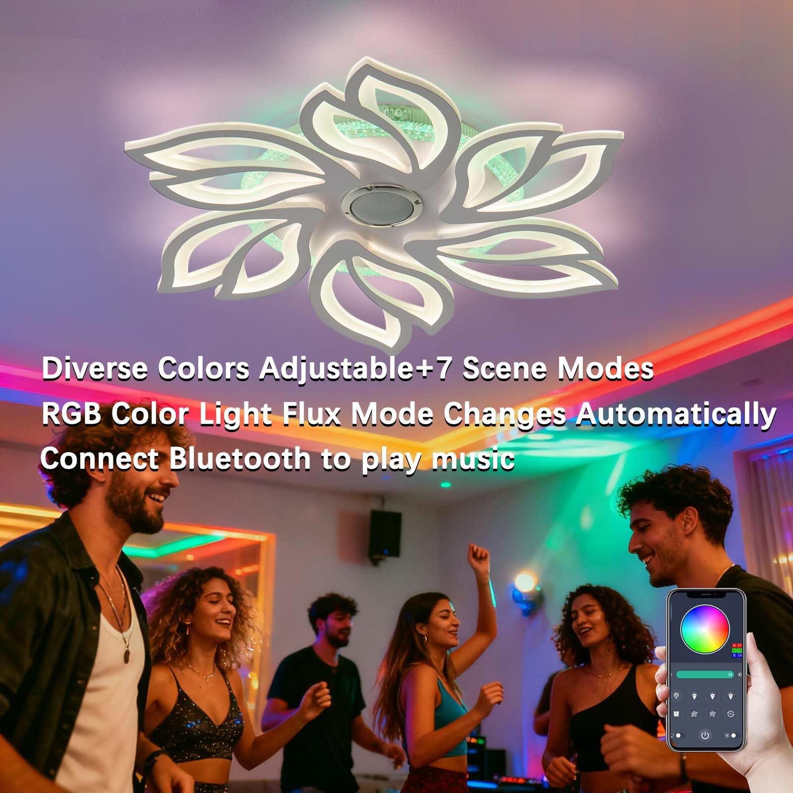 Plafoniera a Forma di Fiore Dimmerabile da 66W con Telecomando APP,Grande Lampadario Camera da Letto con Memoria,Plafoniera RGB con Altoparlante,per Soggiorno Sala Giochi e Feste-White||Audio