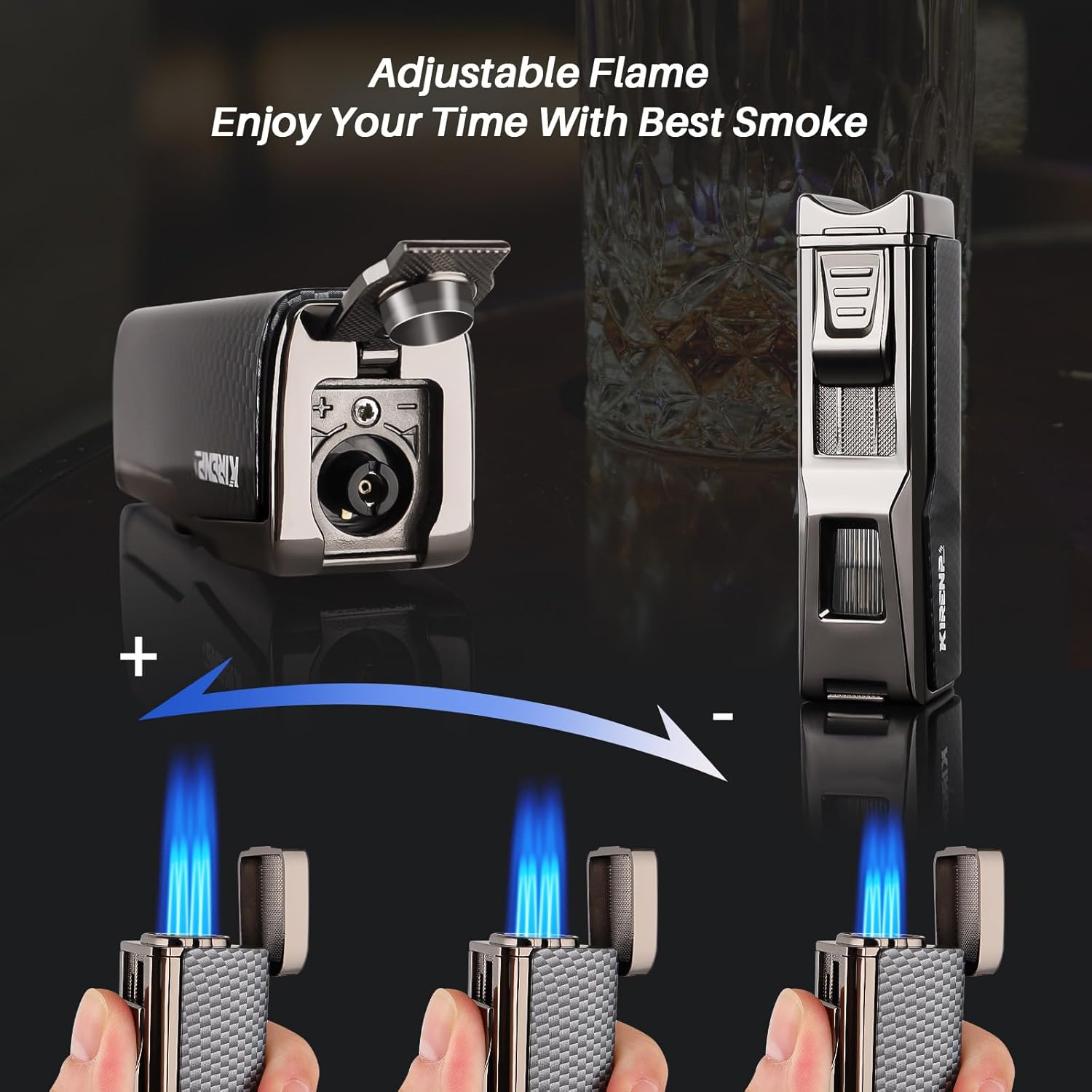 All-in-one Cigar Lighter with V Cigar Cutter, Built-in Cigar Punch, Cigar Holder, Quad Windproof Jet Flame, 4 in 1 Refillable Torch Lighter Set with Gift Box, Cool lighters for Smoking, Birthday