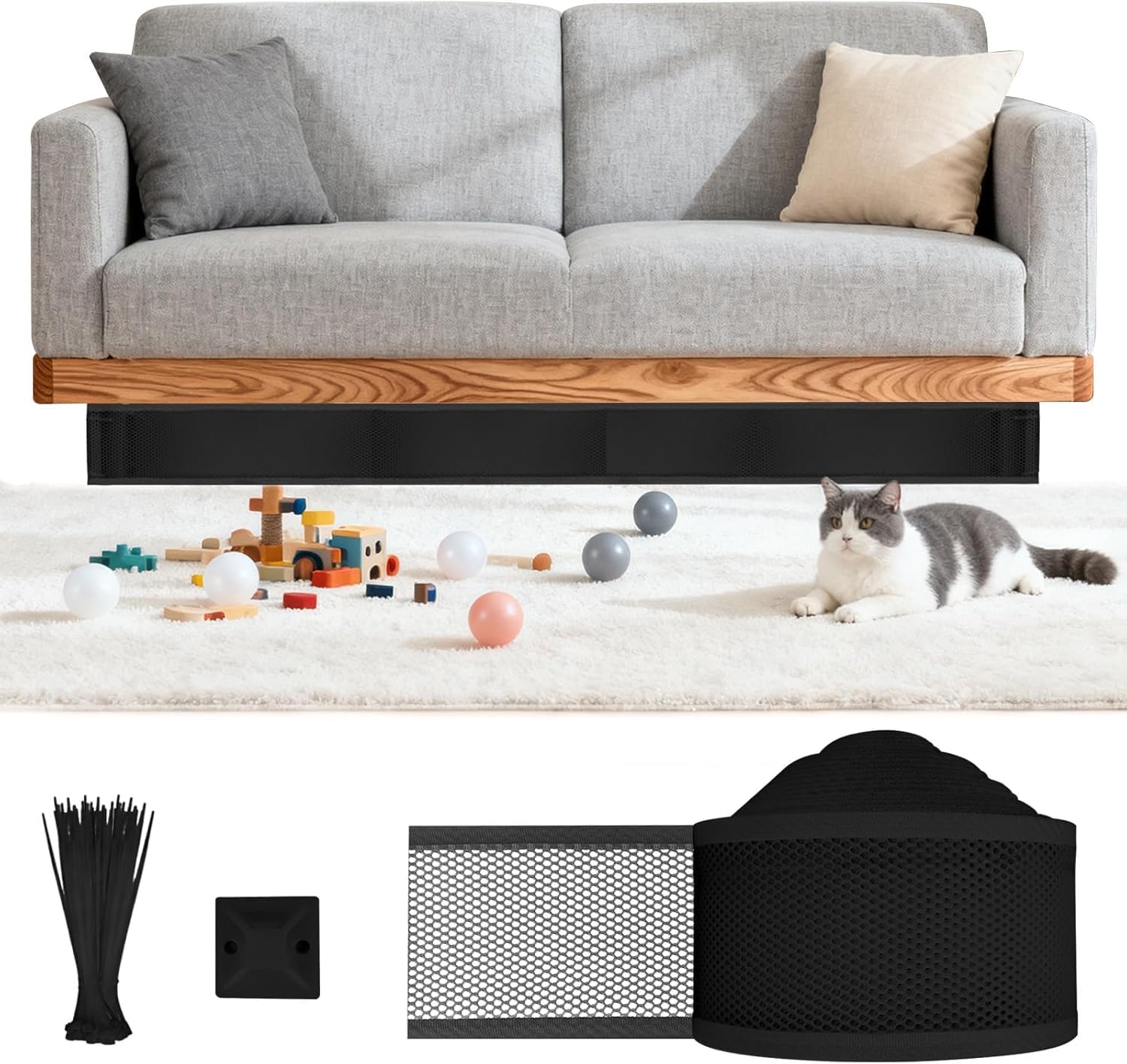 Under Bed Blocker for Pets/Under Couch Blocker,394×4 Inches - Blocks Pets & Toys from Entering, Freely Adjustable Length & Height, Cuttable to Fit Multiple Pieces of Furniture, Easy to Install (Black)