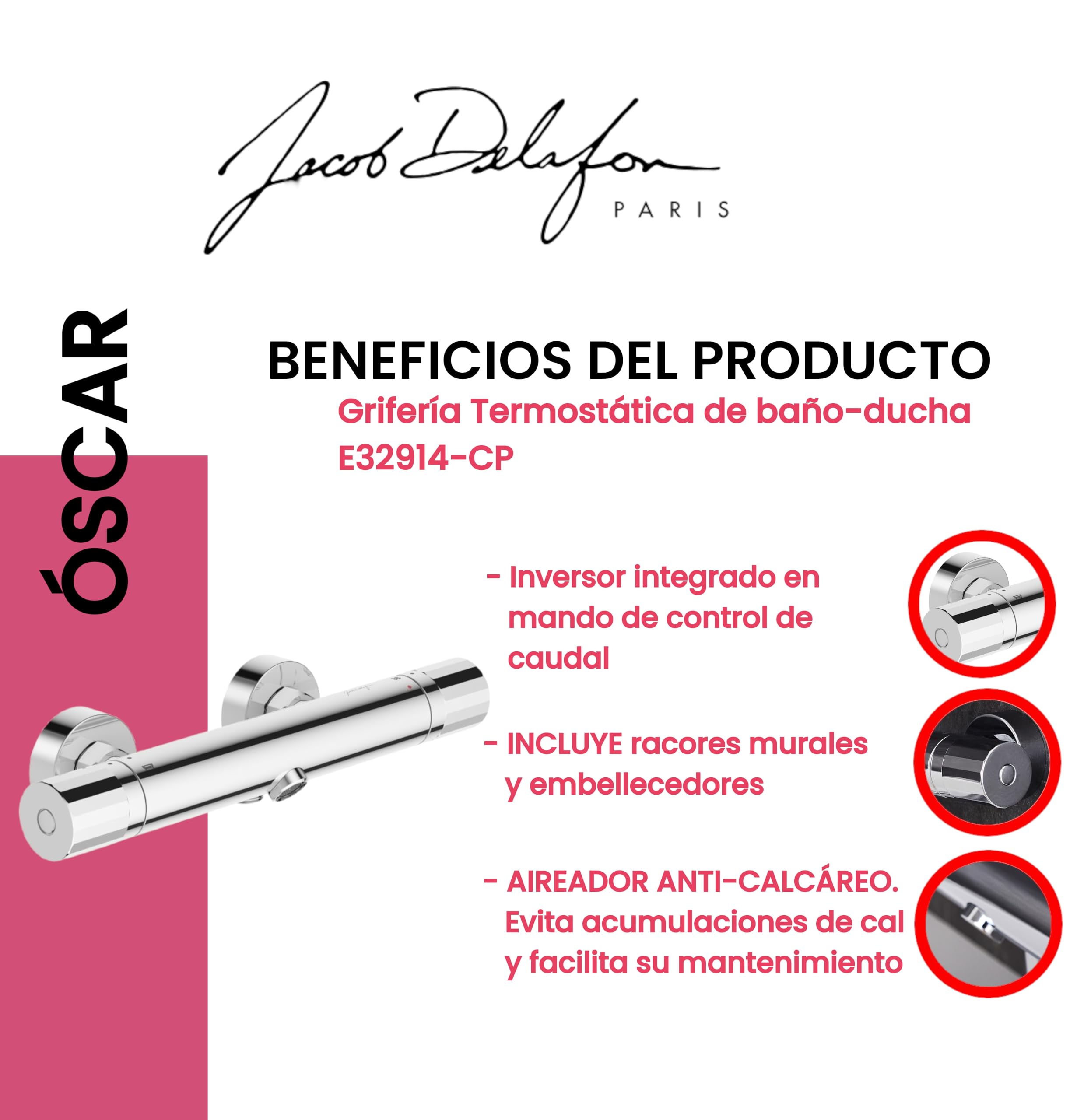 JACOB DELAFON Grifo termostático mural para baño y ducha Inversor integrado en el cuerpo Aireador antical Incluye embellecedores murales Color Cromo OSCAR E32914-CP