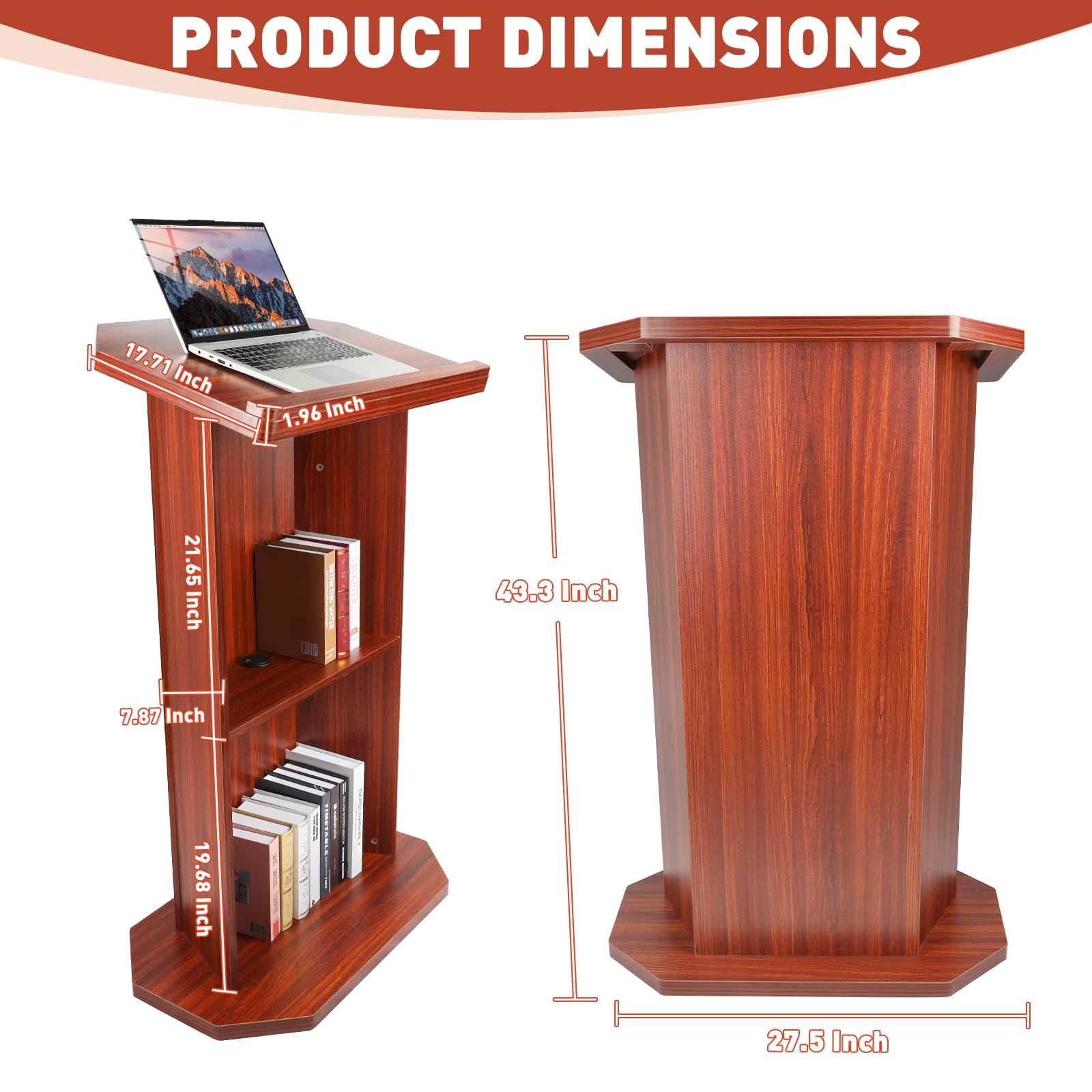 Afitdon Podium en bois, Grand podium en bois, Pupitre de conférencier haut en bois massif premium avec compartiment de rangement à double couche, Pupitre de conférencier pour église, conférence, école