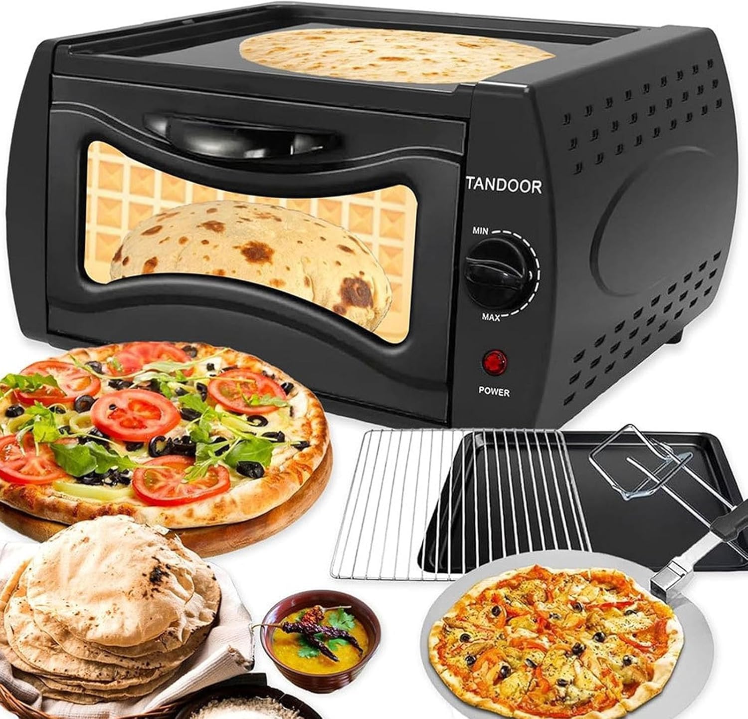 Elektryczny Piec Tandoor i Tworząca do Pizzy 2 w 1, 2100W 15L Mini Piekarnik z Regulacją Temperatury do Domu, Naan, Pieczenia i Grillowania - Kompaktowy do Autentycznego Gotowania Tandoori