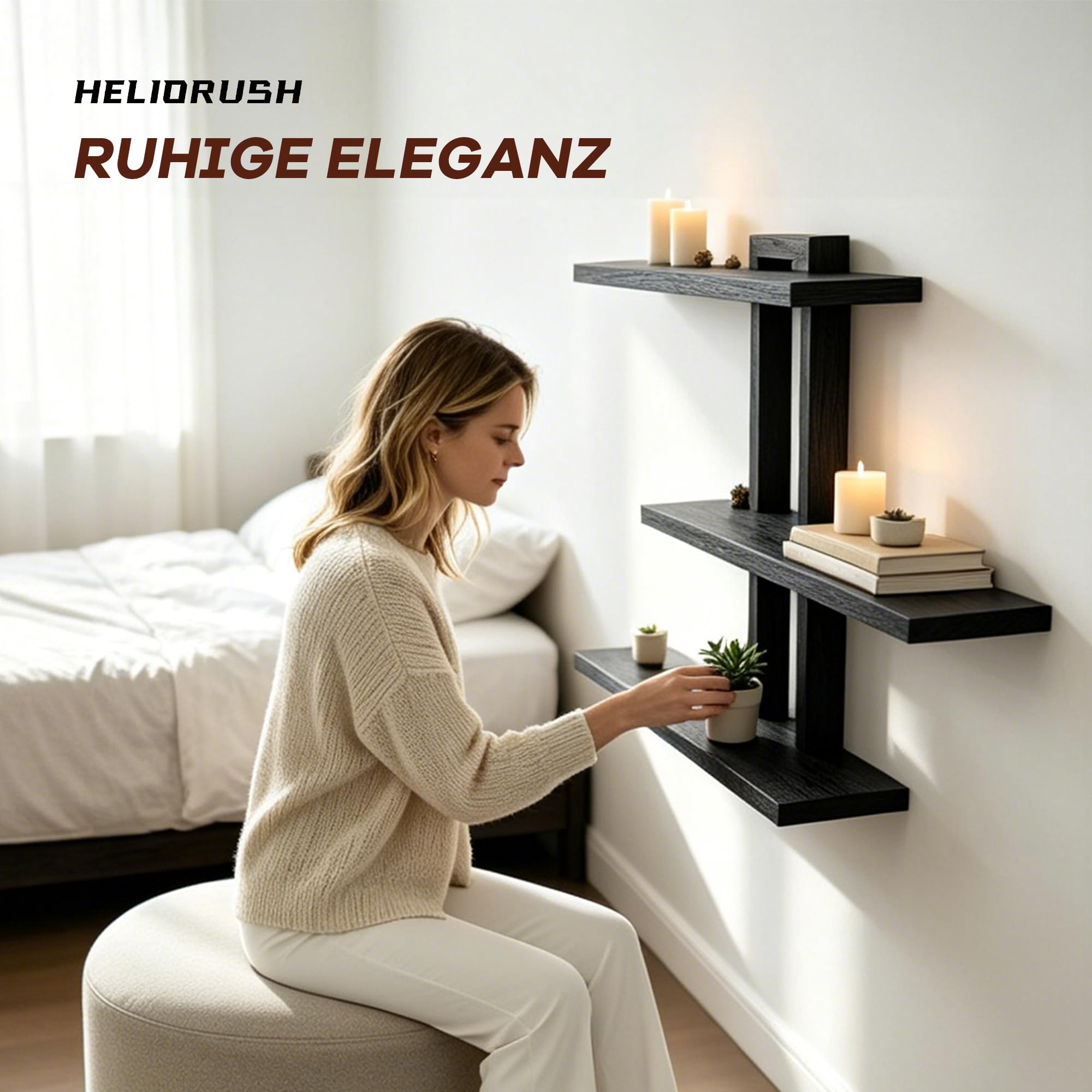Wandregal Schwarz, großes Hängeregal aus Massivholz mit 3 Ablagen, 50 × 58 cm | Modernes Schweberegal zur Wandmontage für Wohnzimmer, Schlafzimmer, Bücher, Pflanzen und Deko