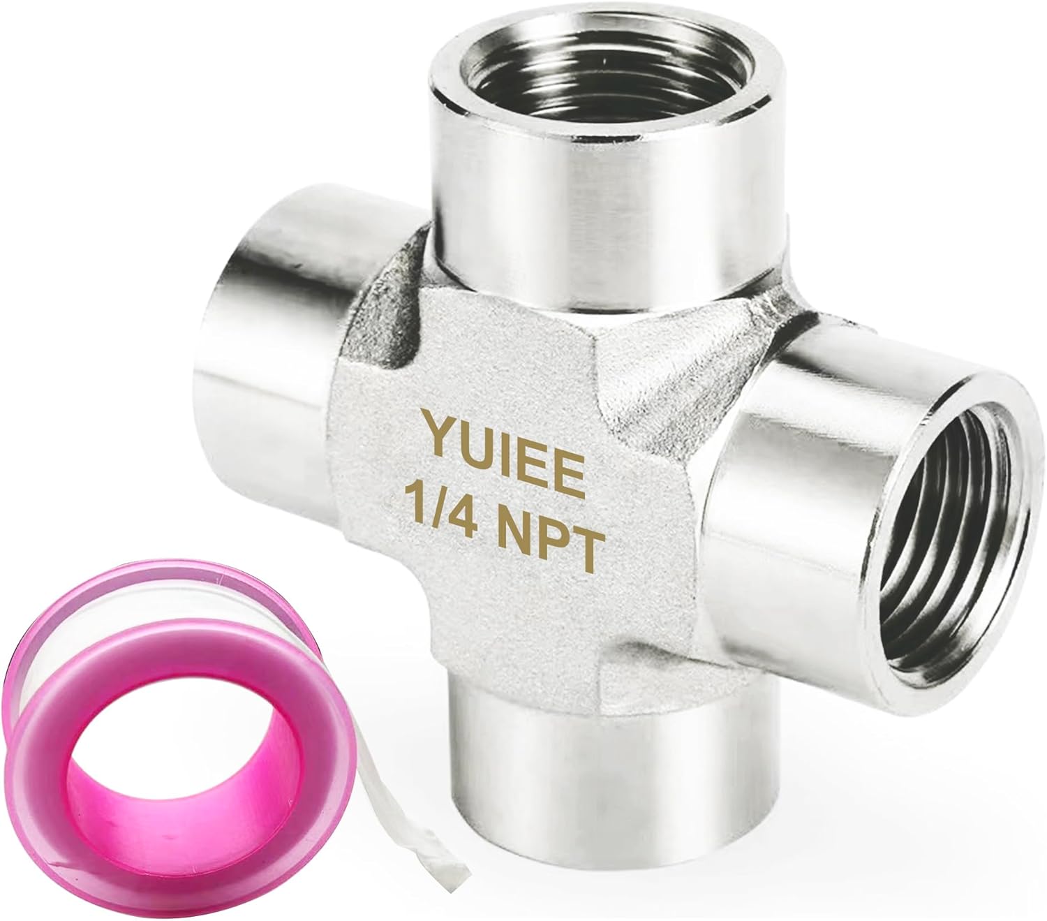 4-Way Pipe Fitting Connector, 1/4" NPT Female Thread Cross Pipe Fittings, 304 Stainless Steel Barstock Cross 4 Way Connector, 1/4" NPT Female Pipe Adapter with Teflon Tape for Air, Water, Fuel