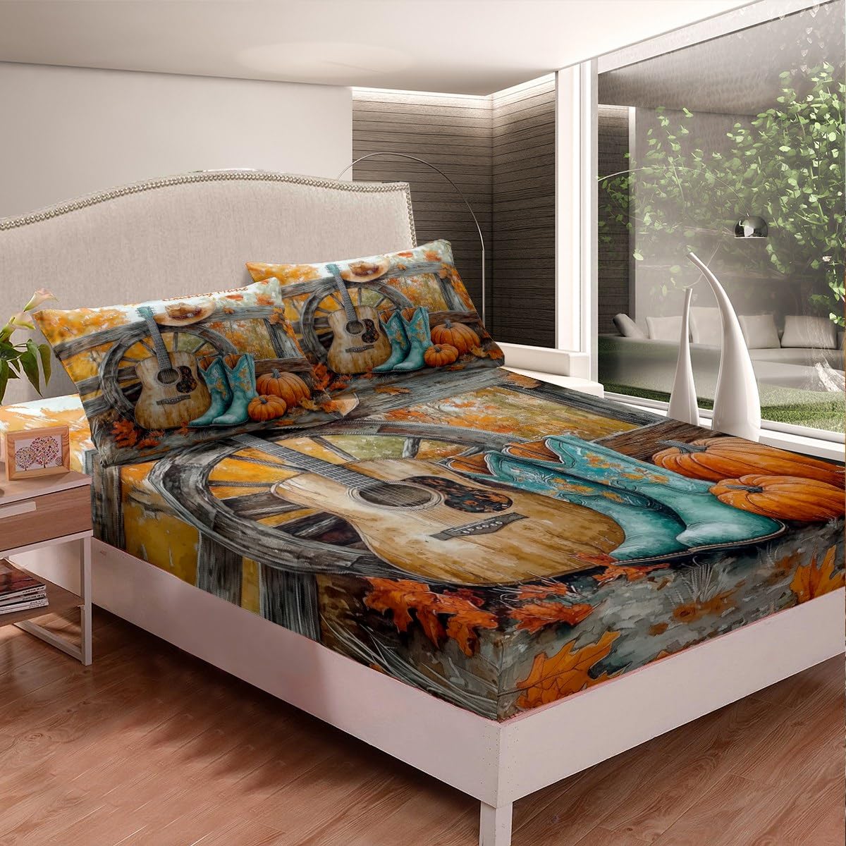 Rustic Cowboy Fitted Sheet Twin Size Guitar Western Boots Bedding Set 2Pcs(No Flat Sheet) Country Music Bed Sheet for Boys Teens Room Decor Fall Maple Leaves Pumpking Deep Pocket Sheet