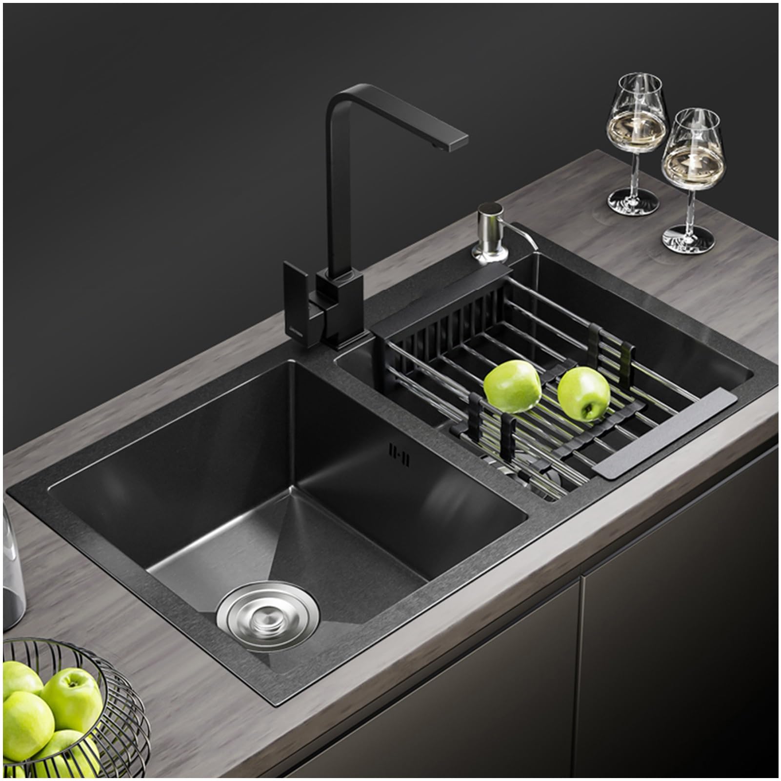 Gljtuo Black Modern Kitchen Sink With Waterfall Tap, Stainless Steel Single Bowl Set With Pressure Washer, Chop Board, Drip Basket And Accessories For Home Use,-Grey C-80X45cm