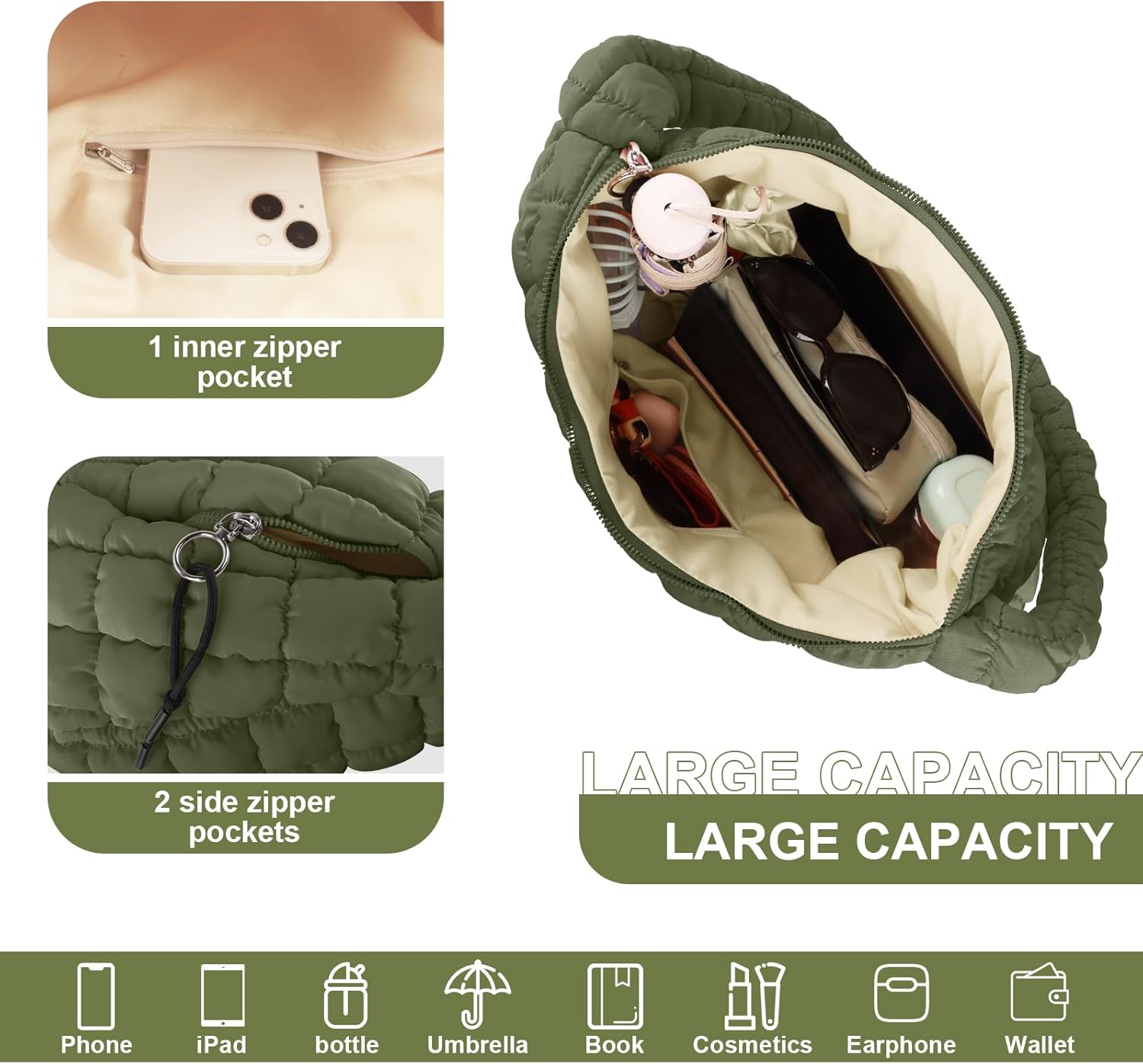 Quilted Puffer Tote Bag Purse Puffy Crossbody Shoulder Bag,Lightweight Nylon Hobo Bag Puffer Carryall Bag for Women Girl - Image 4