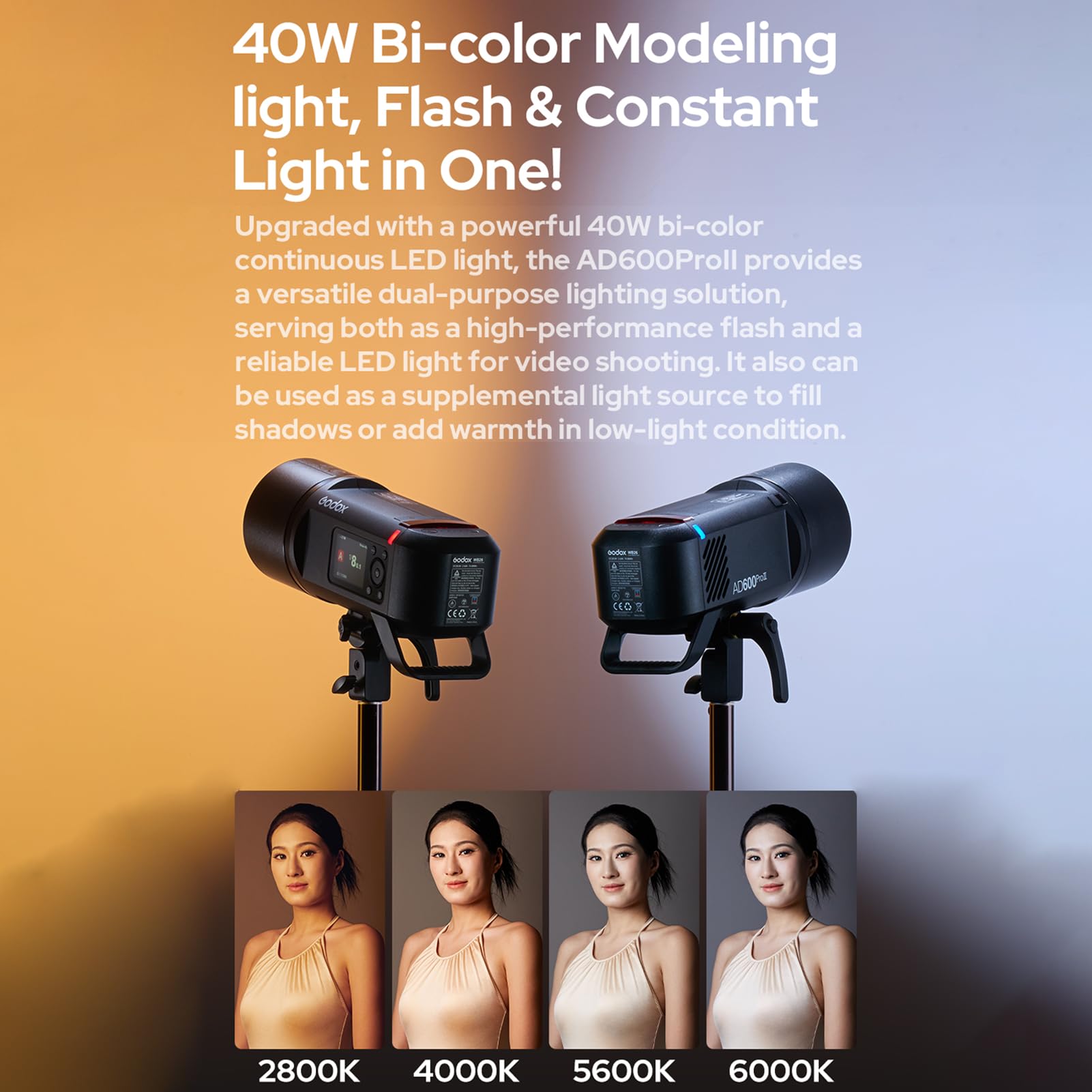 Godox AD600ProII Blitzlicht 600 W TTL kabelloses Speedlite | 1/8000 s HSS, 0,01–0,09 s Wiederaufladezeit mit 40 W Bi-Color Einstelllicht für Canon, Nikon, Sony, Fuji, Olympus Kamera