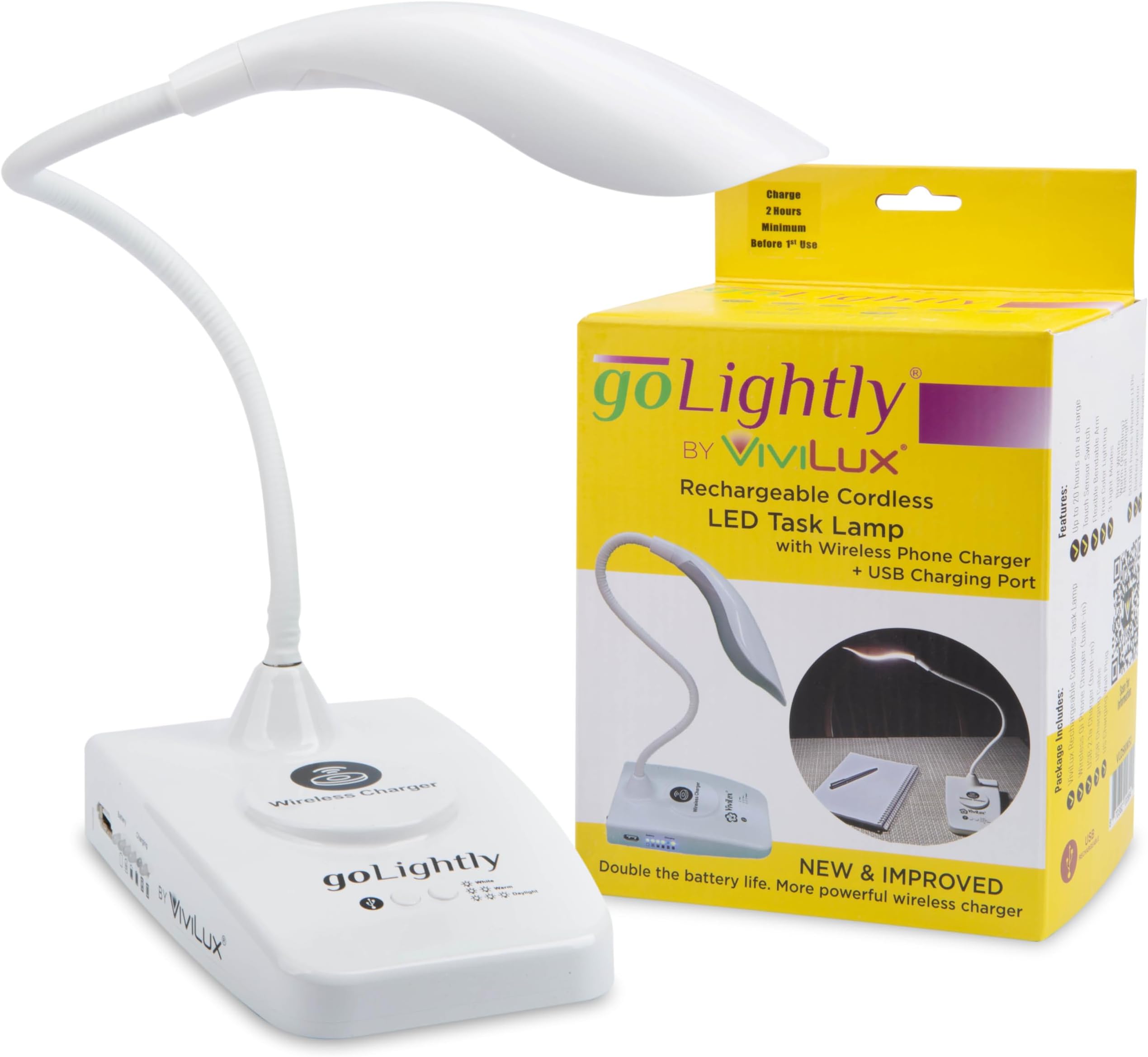- goLightly by ViviLux LED Rechargeable Desk Lamp with Wireless Charging Port, 20 Hour Battery, Portable Task Lighting for Crafts, Sewing & Study