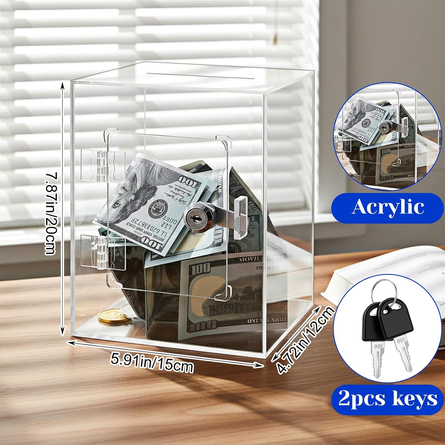 Sibba Clear Acrylic Piggy Bank with Lock and Key for Adults, Large Money Saving Jar Box Container for Cash Coins Real Money, Openable Reusable Change Bank