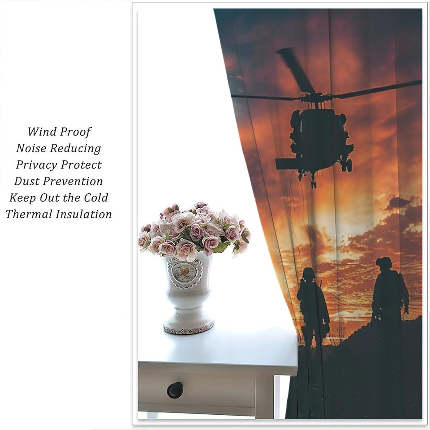 Military Soldier Silhouette Blackout Curtains for Living Room Bedroom, Helicopter July Fourth Window Curtains Rod Pocket Thermal Insulated Window Drapes, 2 Panels, Each 21" W x 45" L