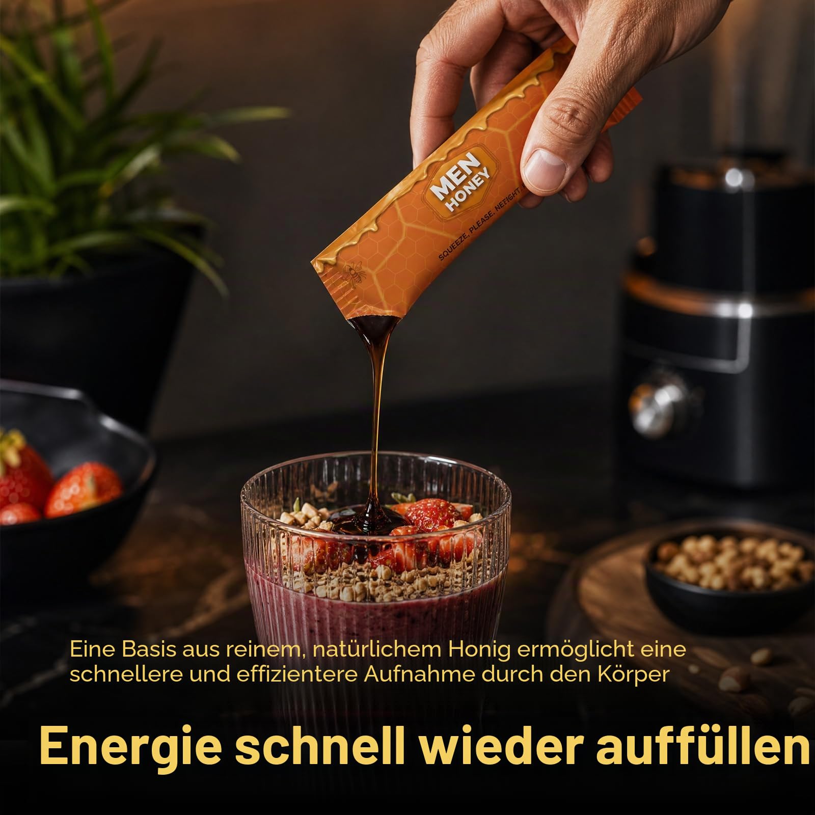 Premium Männer Honig Nahrungsergänzungsmittel, Natürliche Inhaltsstoffe mit Gelee Royale, Maca, L-Arginin, Ginseng & Zink, 24 Sachets à 10 g