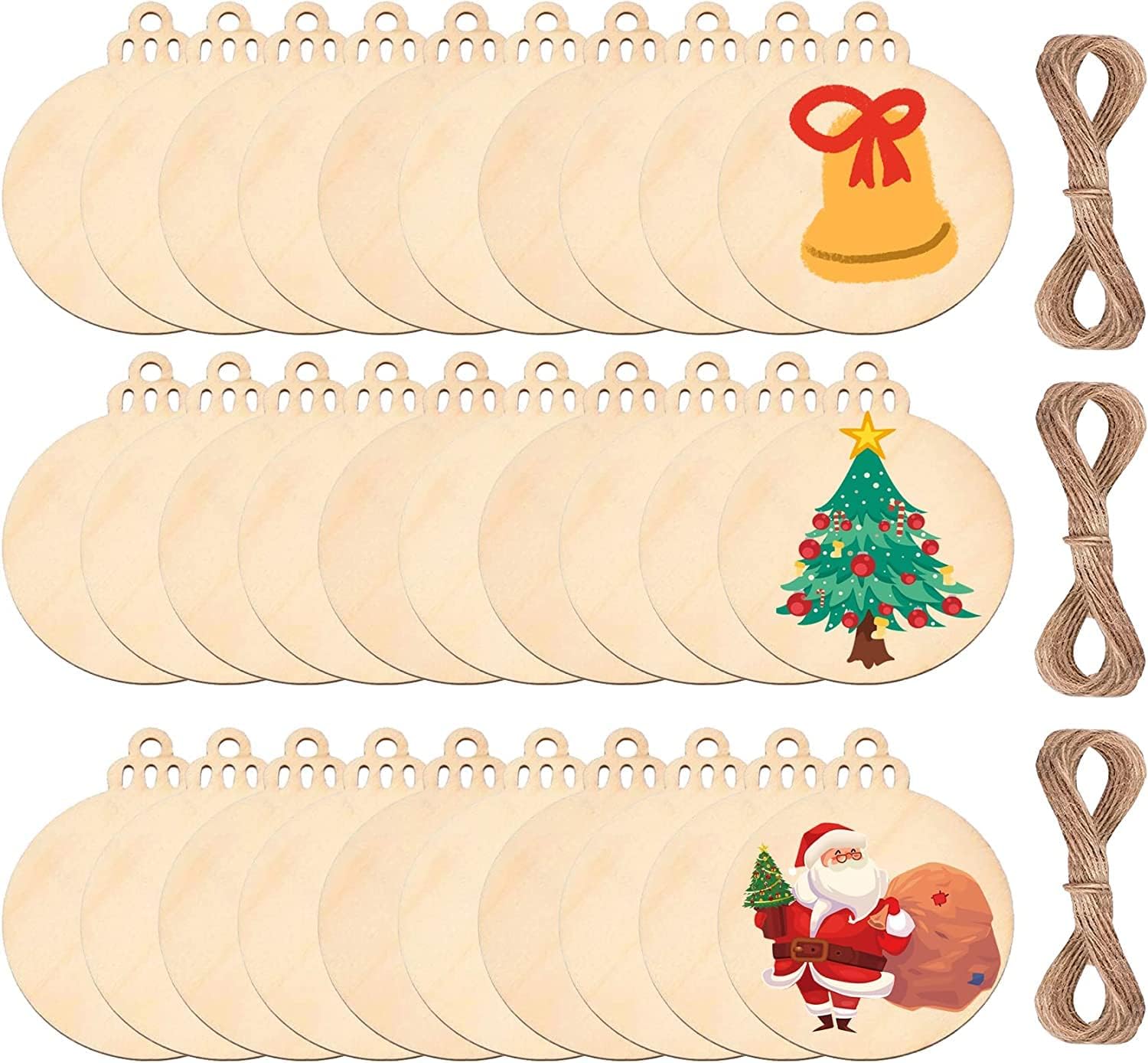 40 Pieces Christmas Wooden Baubles Round Wood Slices Wooden Ornament Blanks Pendant Wooden Blanks for Craft Wood Christmas Tree Hanging Ornaments for DIY Crafts Embellishments for Xmas Decorations