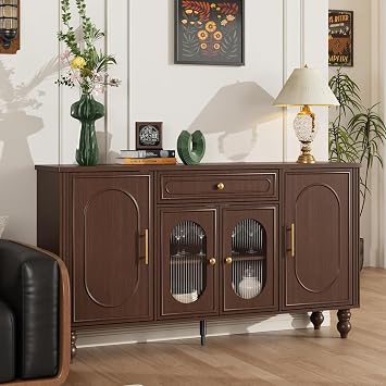 FiveWillowise Buffet Cabinet with Storage, 61" Sideboard Buffet, Brown | Mid-Century Sideboard Buffet Cabinet with Drawer, Kitchen Storage Cabinet, Large Coffee Bar for Kitchen and Living Room