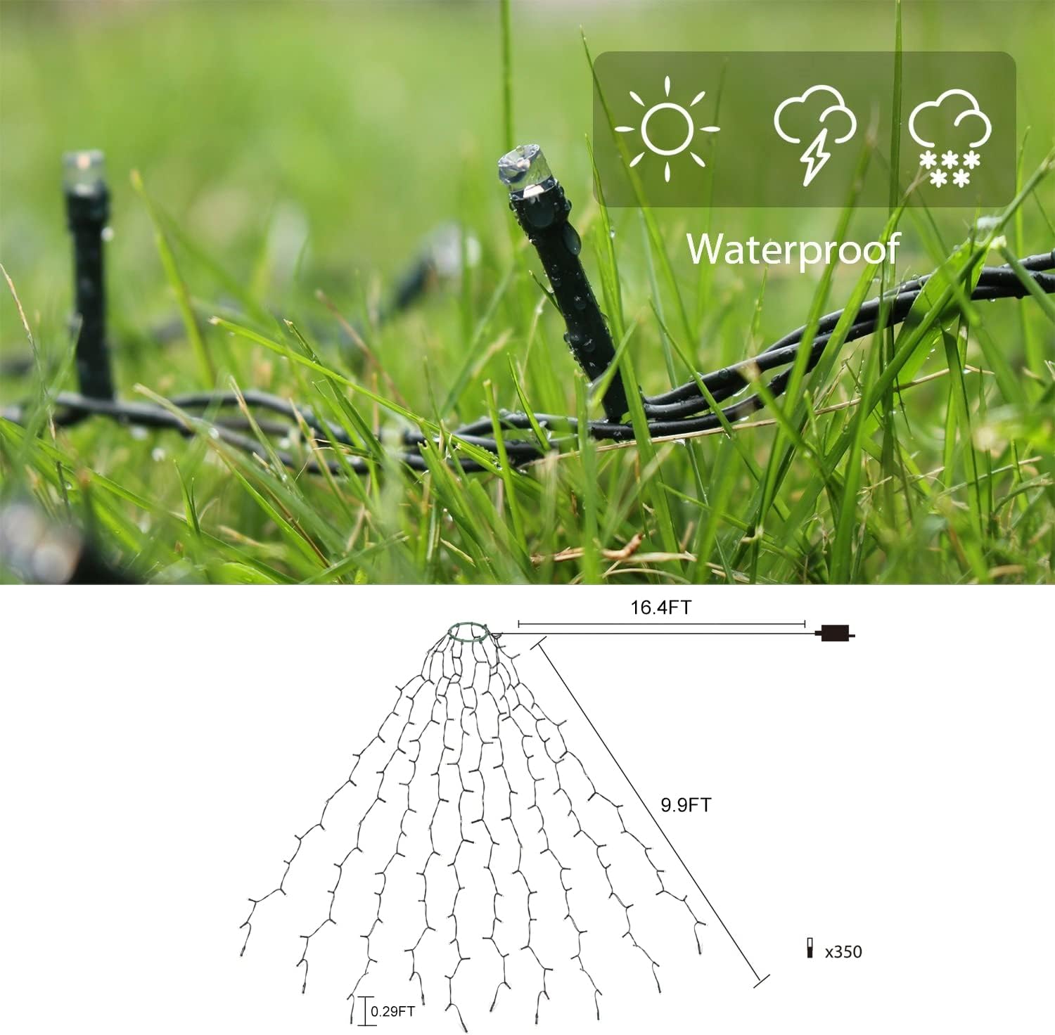 Close-up of waterproof LED lights in grass, with sun, cloud, and snowflake icons indicating suitability for various weather conditions.