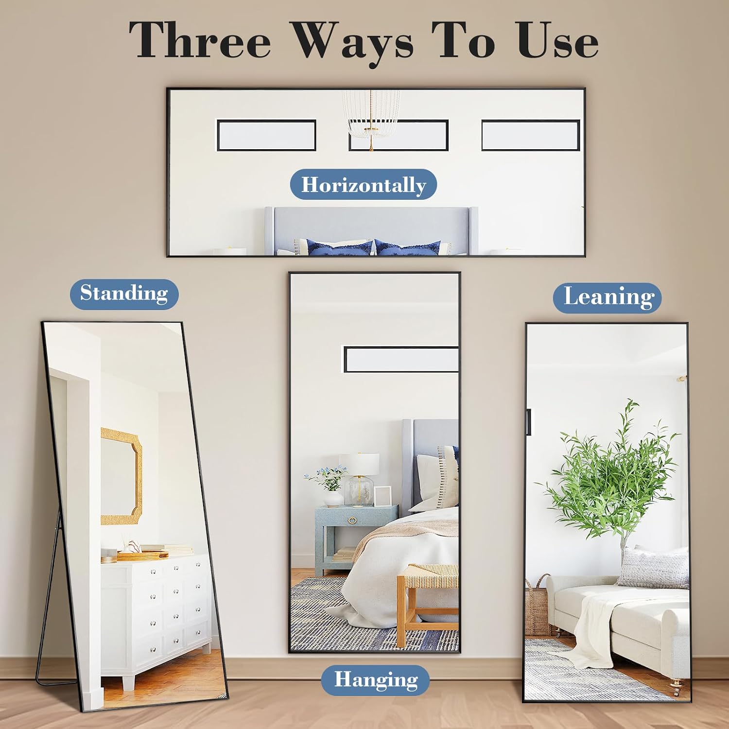 DUMOS 56"x15" Full Length Floor Mirror, Full Body Standing Mirror with Aluminum Frame, Shatter-Proof Nano Glass for Modern Simple Home Decor, Hanging or Leaning, Black thumbnail