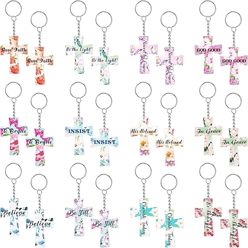 Sasylvia 24 llaveros de cruz de acrílico floral cristiano, llavero cristiano de la Escritura, flor y versículo de la Biblia, llaveros cristianos a