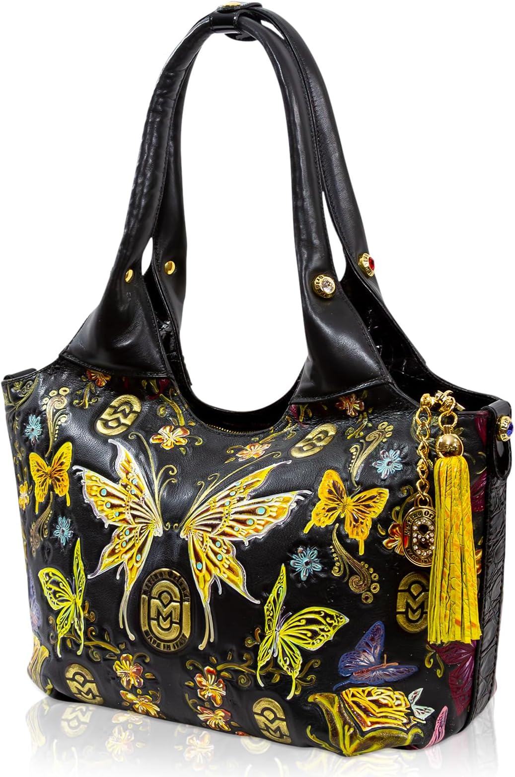 Designer Large Slouchy Purse Handpainted Butterflies Obsidian Leather Tote Italian Designer Handbag