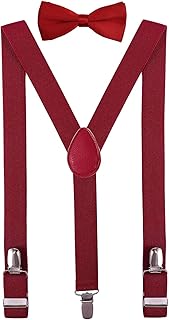PZLE Mens Suspenders and Bow Tie Set Adjustable Elastic 47 Inches Burgundy