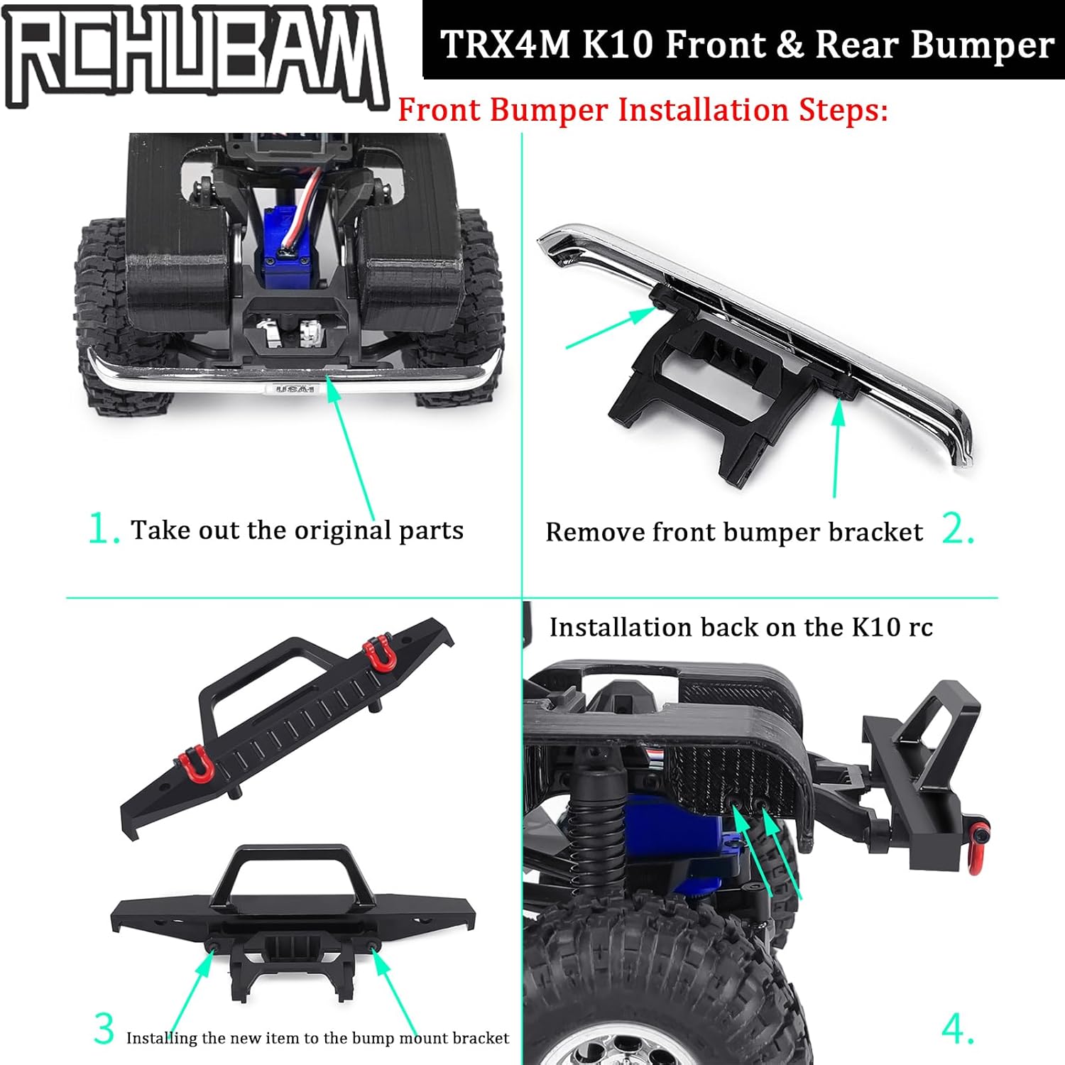 RCHUBAM TRX4M K10 Front & Rear RC Bumper 1Set Aluminum RC Car Bumper with Red Metal Trailer Hitch Hooks Compatible for 1/18 TRX4M K10 RC Crawler Car (Front Bumper)