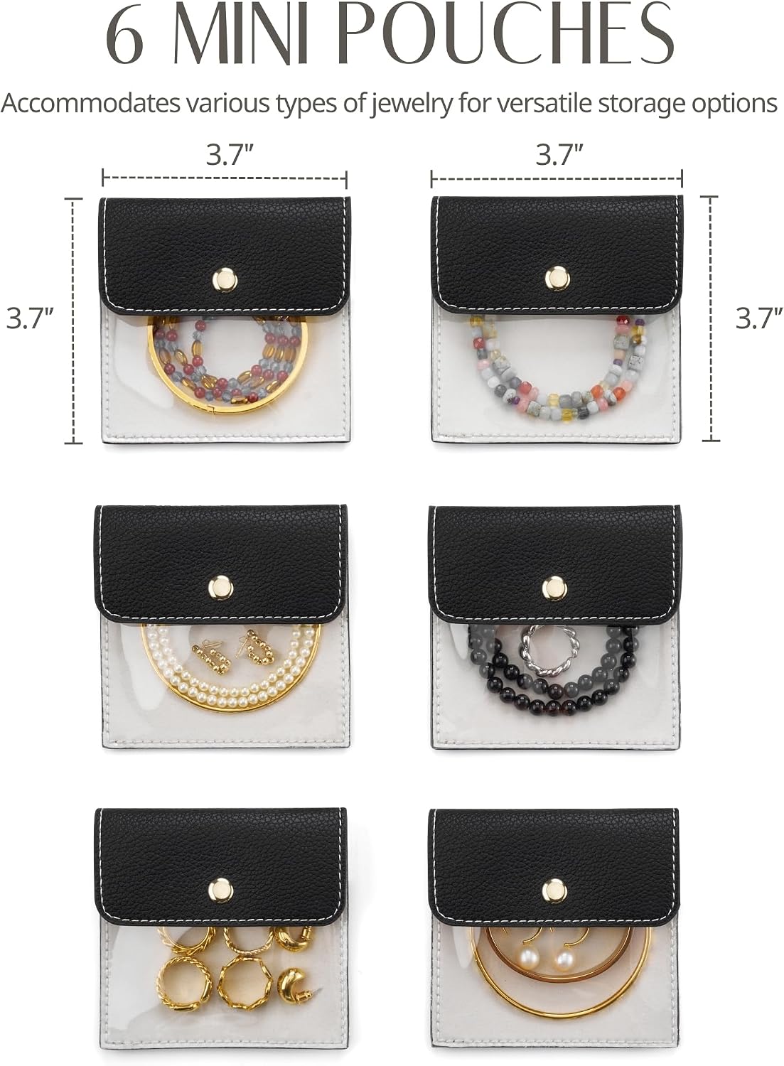 Popvibe 6 Pcs Jewelry Bags Clear Mini Pouch Small Jewelry Pouches for Traveling Leather Portable Travel Jewelry Organizer and Storage Bag for Earrings, Necklace, Black image 3