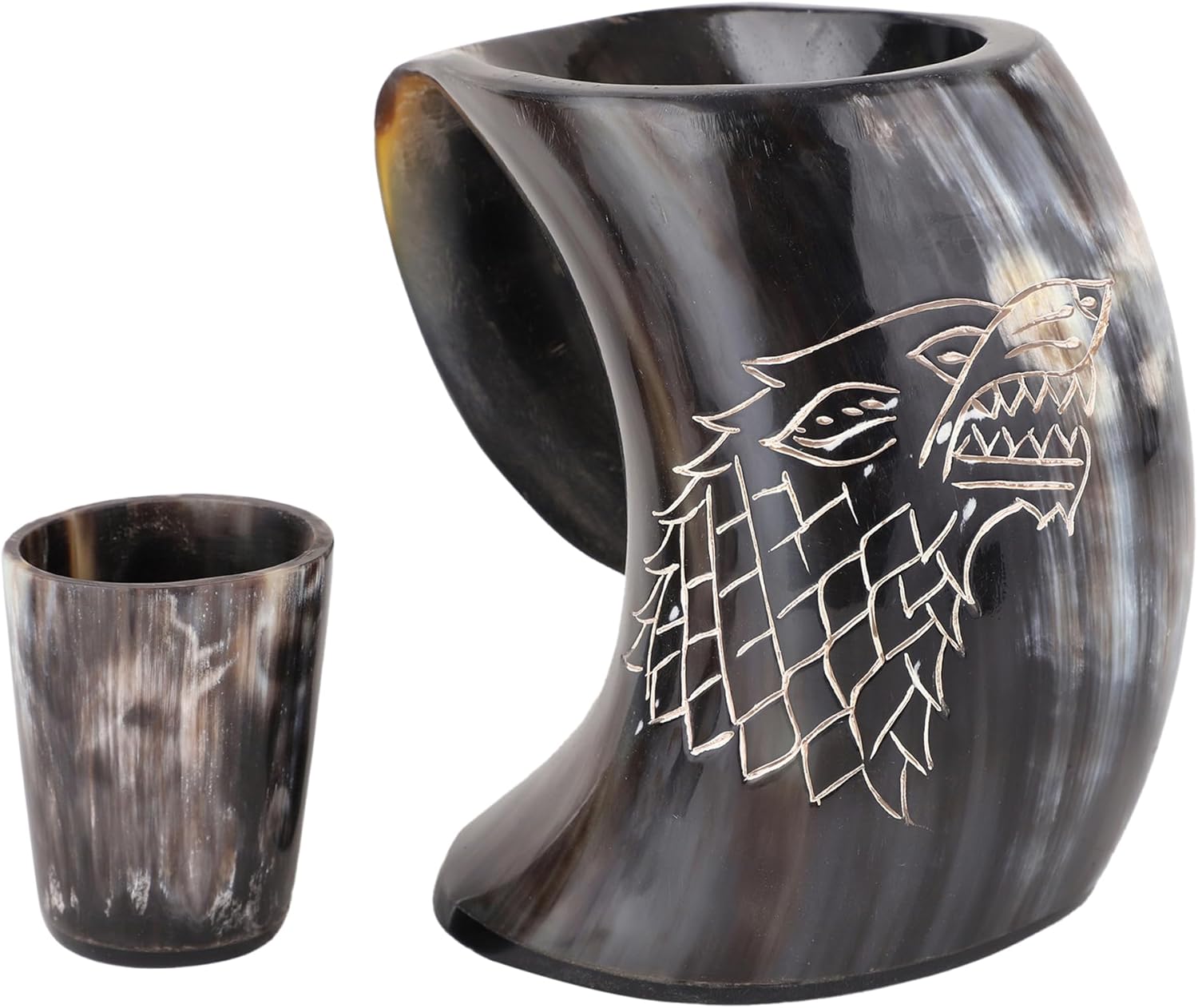 Viking Drinking Horn Mug & Cup Set | 6-Piece Collection with 16oz Dire Wolf Engraved Mead & Beer Mug, Shot Glass, Bottle Opener, Leather Strap, Drinking Horn & Stand | Norse Gift for Men - Image 2