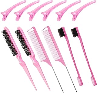 ヘアスタイリングコーム ヘアブラシセット 12本セット ナイロン ティージングヘアブラシ ラットテールコーム ダックビルクリップ付き 両面エッジブラシ エッジ&バックブラッシング コーミング スリックヘア用 レディース ガールズ (ピンク)