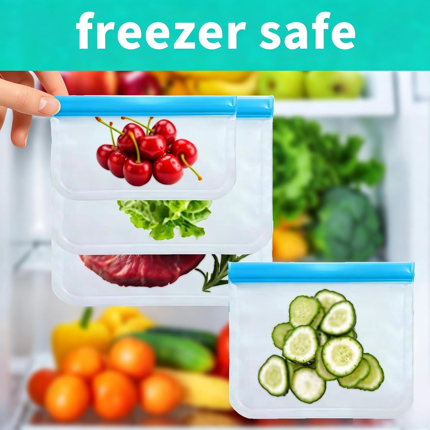 4 Pack Reusable Bags, Washable Silicone Freezer Bags for Sandwich, Fruit, Food Storage, Home Organization (4, Blue)