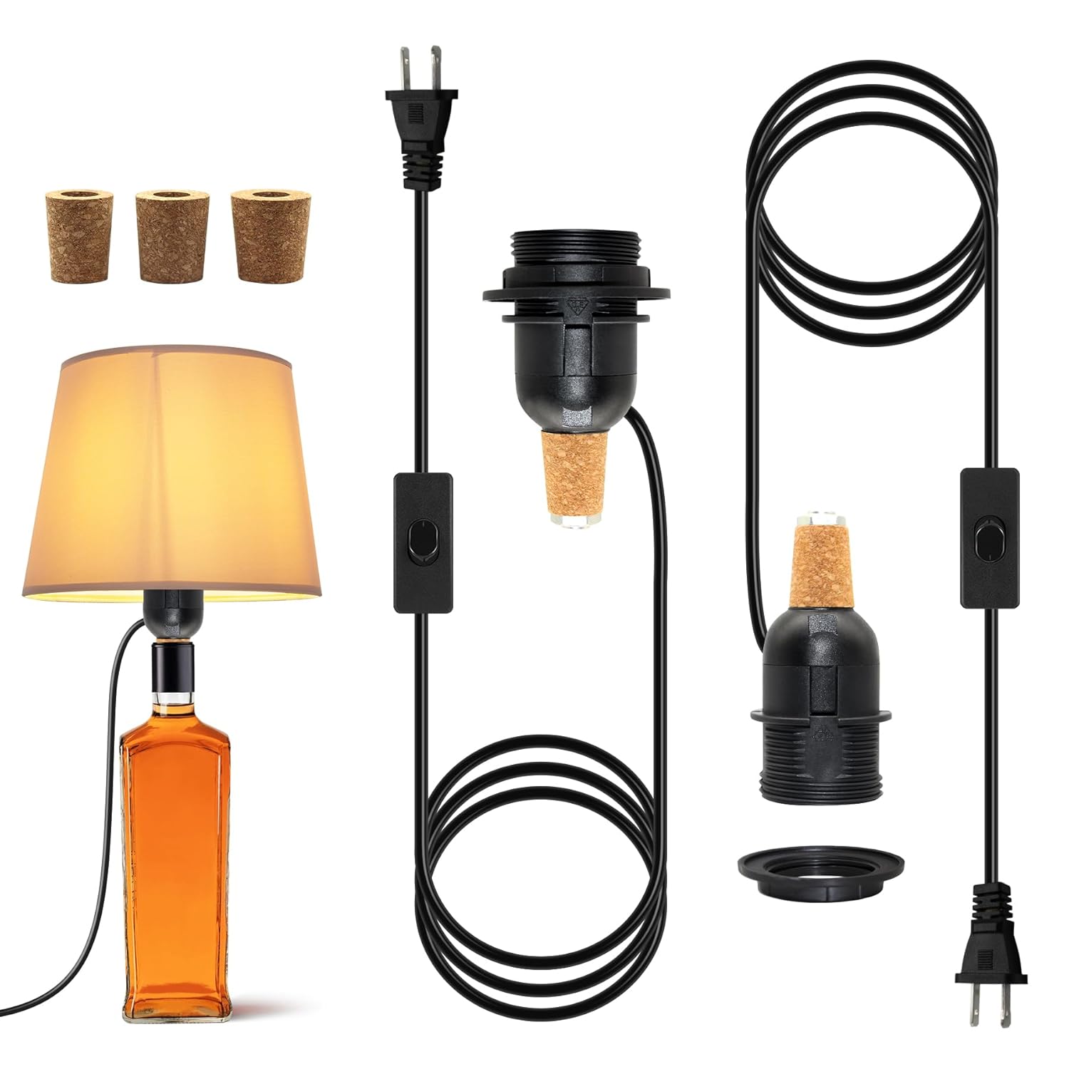 Bottle Lamp Adaptor Kit, 2 Pack Bottle Lamp Kits, Black DIY Lamp Fittings Kit for Table Lamp, E27 Light Bulb Adapter with 8 Ft Plug in Cord, E26 Wine Bottle Table Lamp, 3 Sizes of Bungs, No Shade