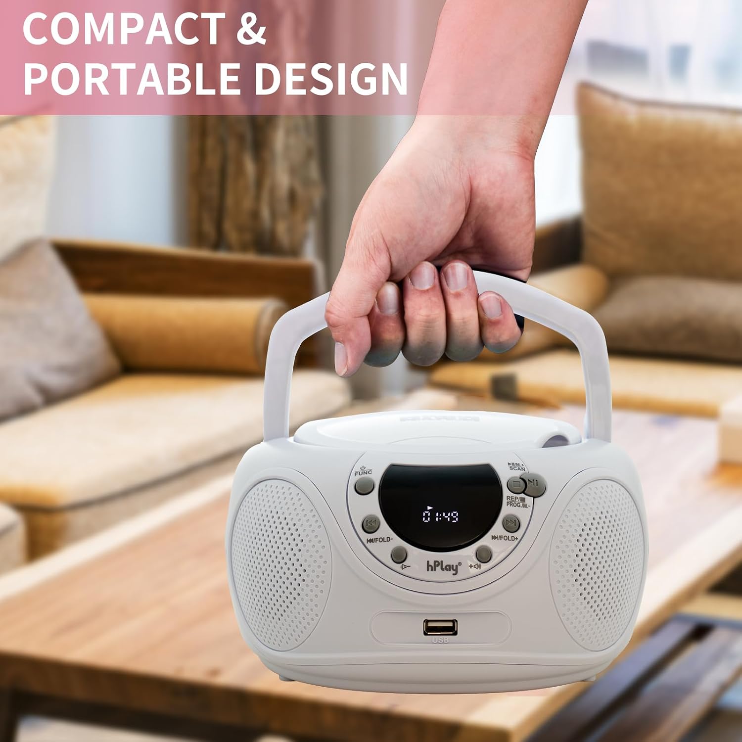 hPlay P16 Portable CD Player Boombox with Bluetooth, CD/CD-R/MP3-CD, FM Digital Radio, USB/MP3 Playback, Aux-in & Headphone Jack - AC/Battery Powered Stereo System (White)