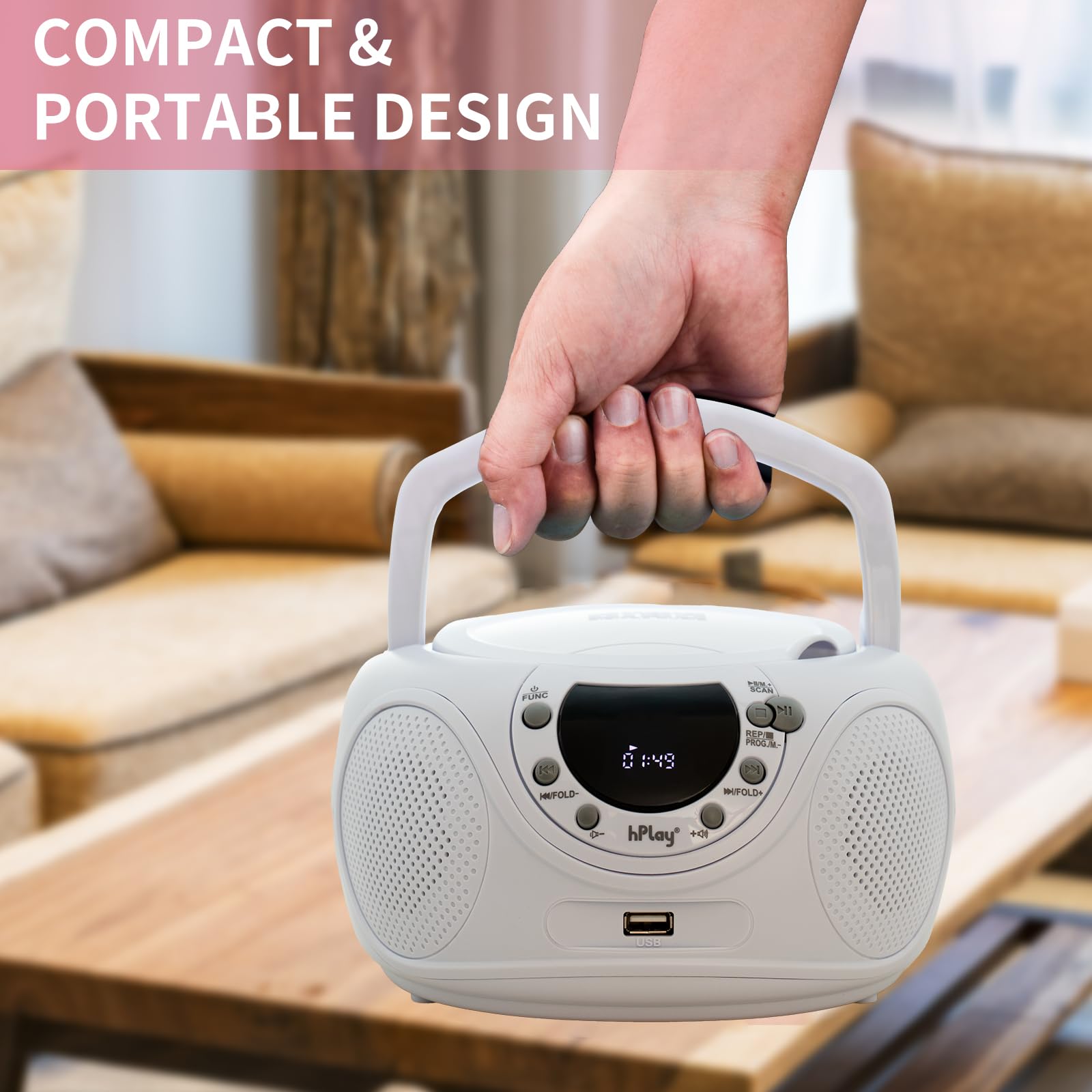 hPlay P16 przenośny odtwarzacz CD Boombox z Bluetooth, biały
