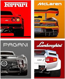 Modern Car Posters Classic Supercar Wall Art Prints, 11"x14" -Sports Car Wall Decor, Cool Racing Ferrari Lamborghini McLaren Pagani Canvas Posters for Man Cave Boys Room Wall Decor, Set of 4-Unframed