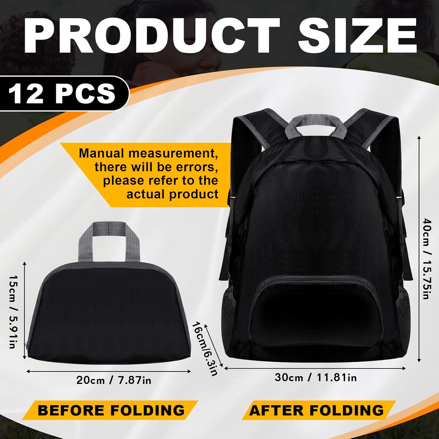 Dunzy 12 Pcs 20l Foldable Backpacks Bulk Lightweight Basic Back Pack Wholesale for Homeless Donation Corporate Events Travel Camping (Black) - Image 2