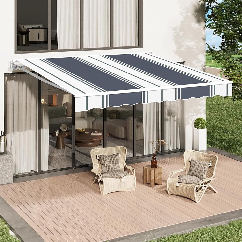 Markiza tarasowa w szaro-białe paski, tkanina do użytku na zewnątrz, osłona przeciwsłoneczna, zapasowa, tkanina (350 x 300 cm) odporna na działanie promieni UV, odporna na warunki atmosferyczne