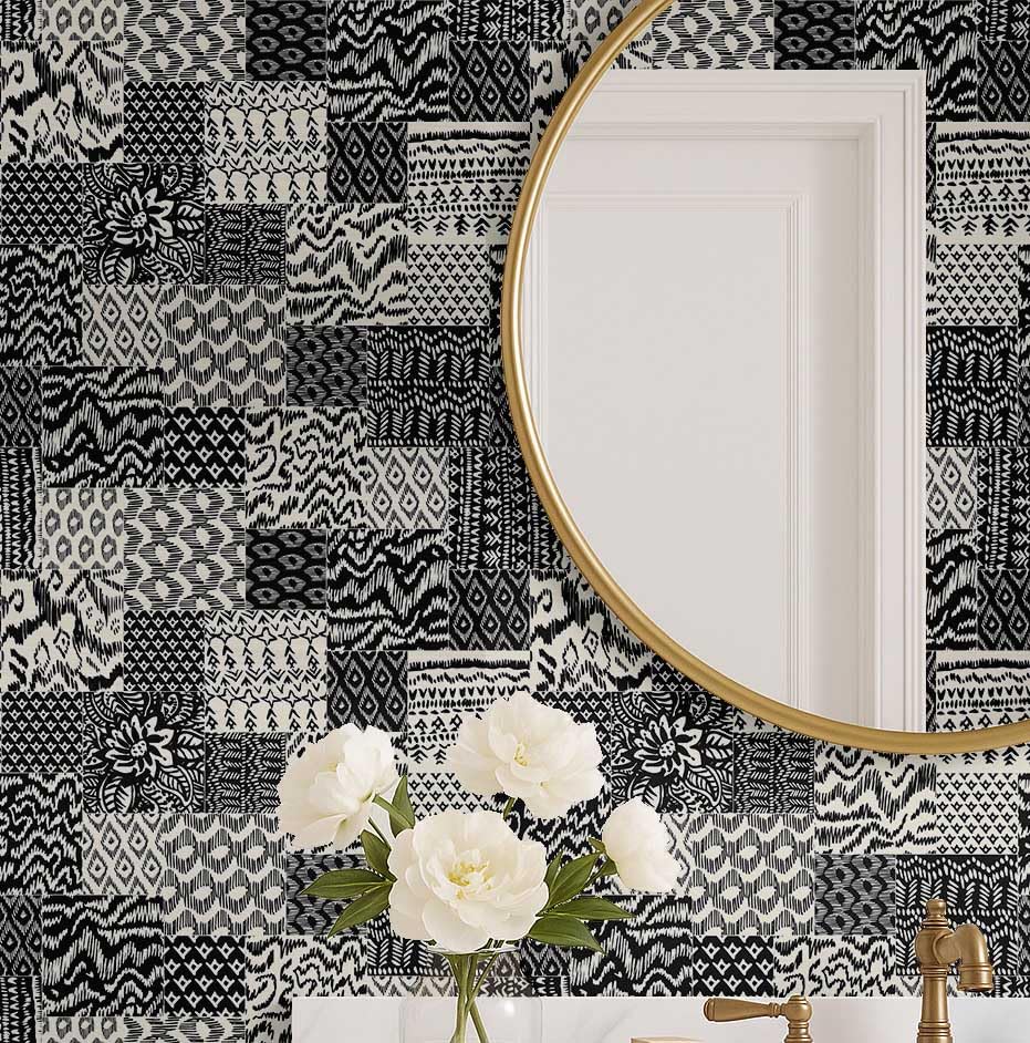 Papier peint pour chambre et placard motif Ikat noir design tendance
