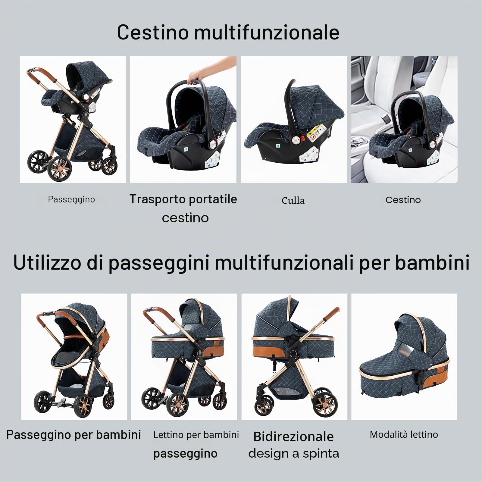 MoLi Passeggino Trio, Passeggino 3 in 1 con Doppia Modalità Push Reversibile, Trio Neonati con Grande Navicella, Carrozzina per Neonati in Alluminio Pieghevole (225 Chocolate)