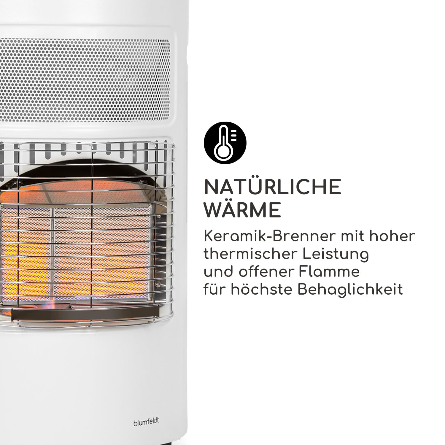 blumfeldt Bonaparte Gasheizung - Gasofen mit 3 Leistungsstufen 1600, 2600 und 4200 Watt, Katalytofen für Gasflaschentyp: 5kg bis 15kg, integrierter Piezozünder, Infrarot-Keramikbrenner, weiß