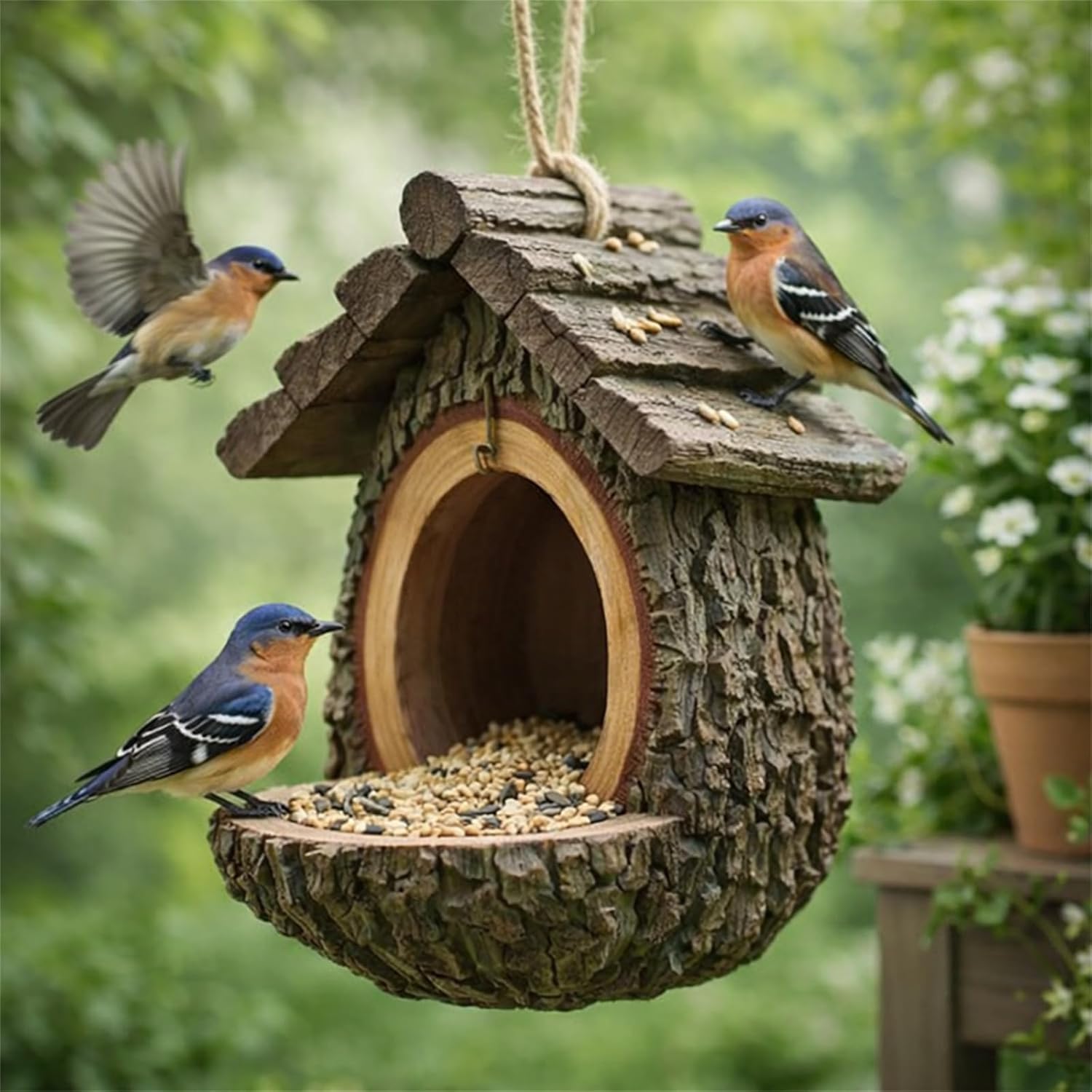 Comedero de pájaros con forma de cabaña de árbol vintage, comederos para pájaros para exteriores, escultura montada en árbol de resina impermeable, diseño abierto, casa de pájaros con bandeja de